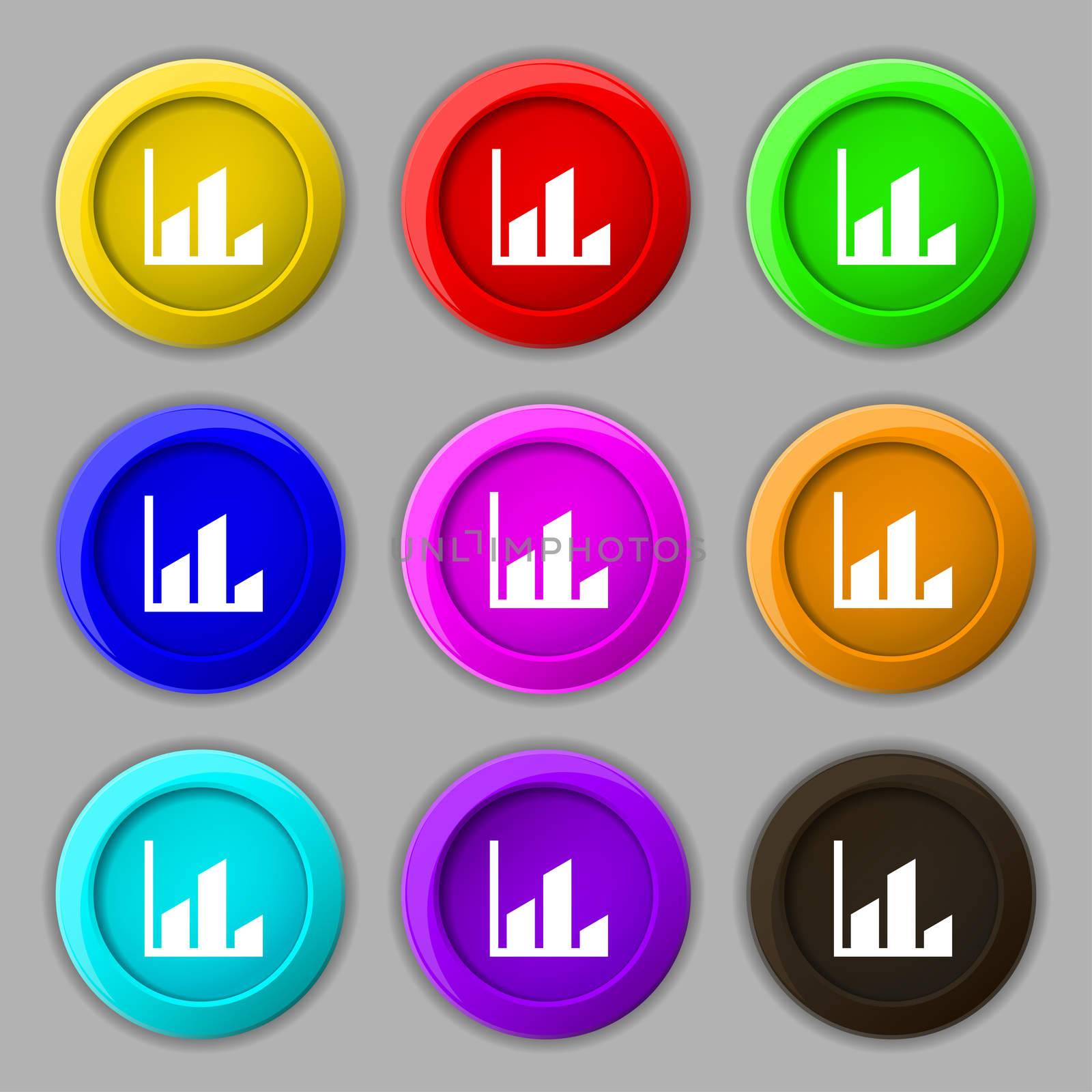 Chart icon sign. symbol on nine round colourful buttons. illustration