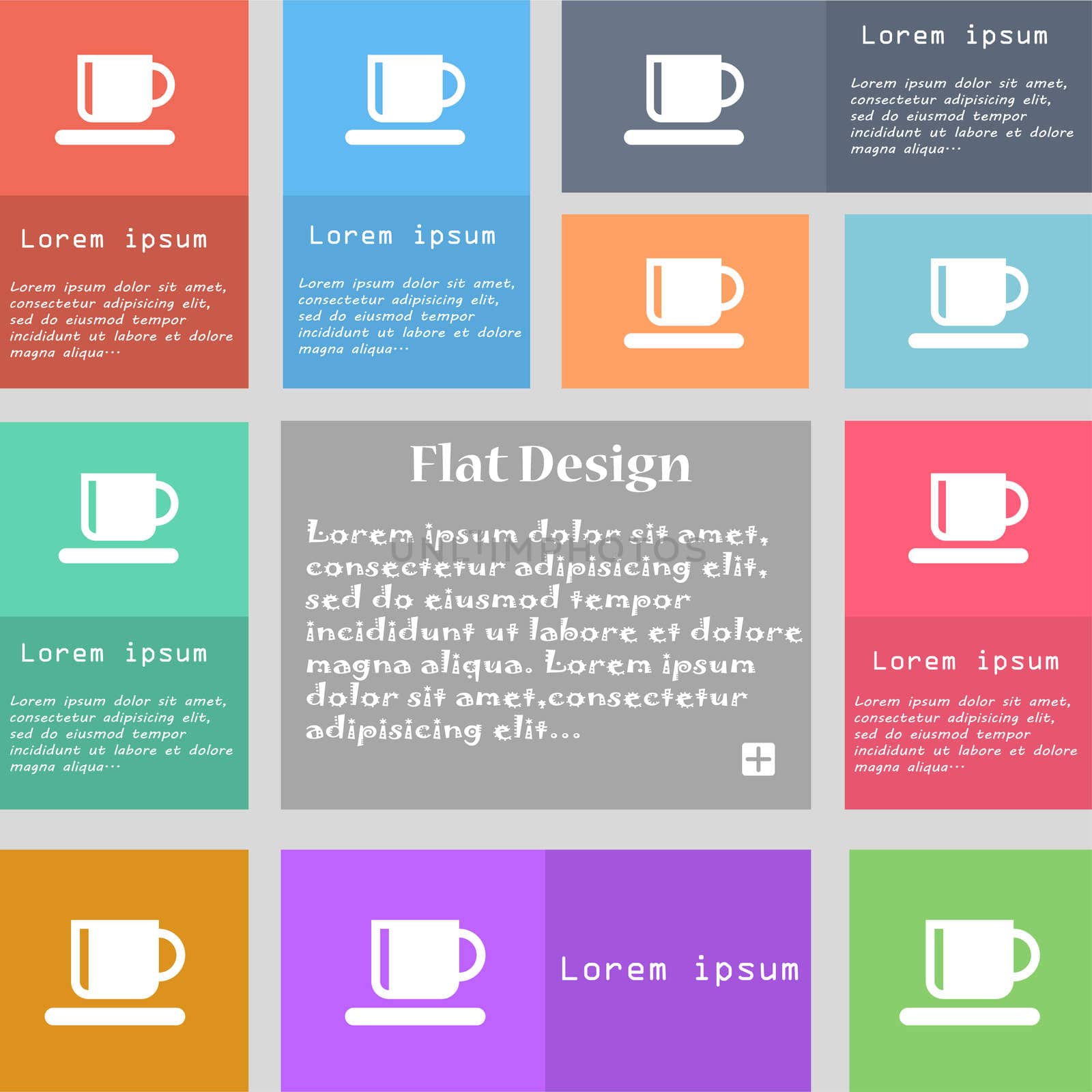 Coffee cup icon sign. Set of multicolored buttons. Metro style with space for text. The Long Shadow illustration