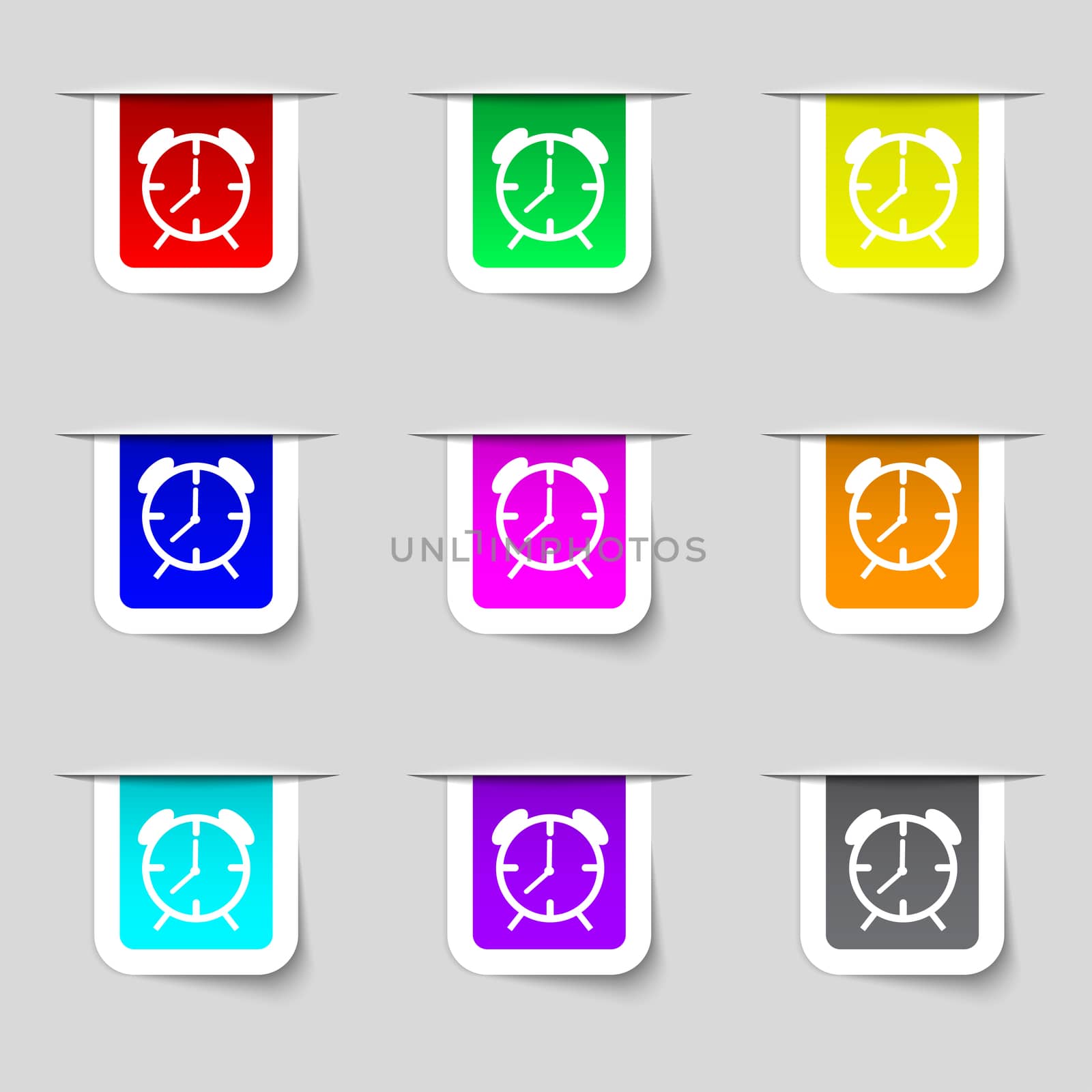 Alarm clock sign icon. Wake up alarm symbol. Set of colourful buttons.  by serhii_lohvyniuk