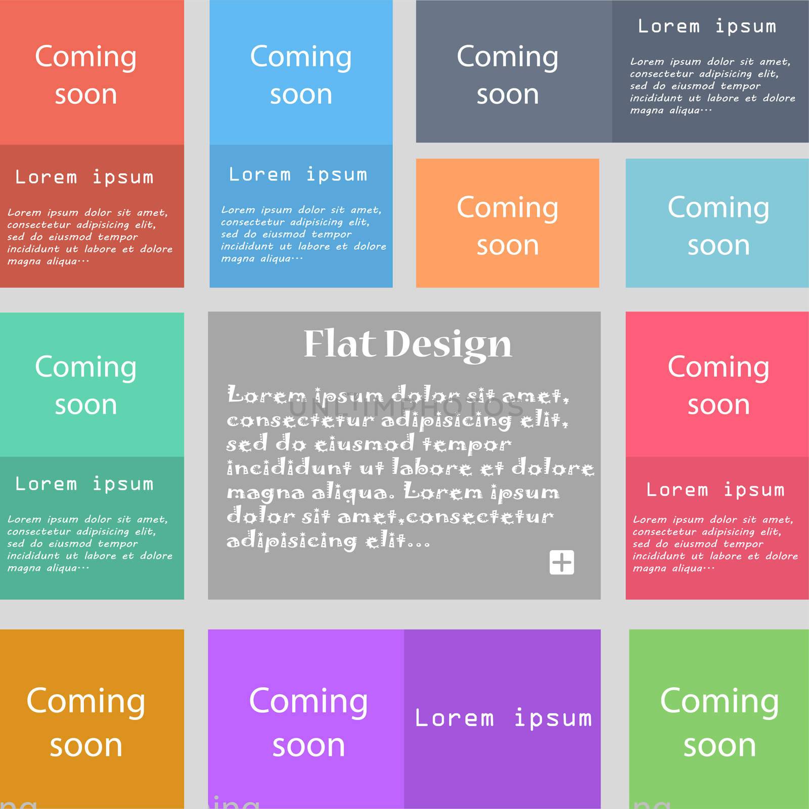 Coming soon sign icon. Promotion announcement symbol. Set of colored buttons.  by serhii_lohvyniuk