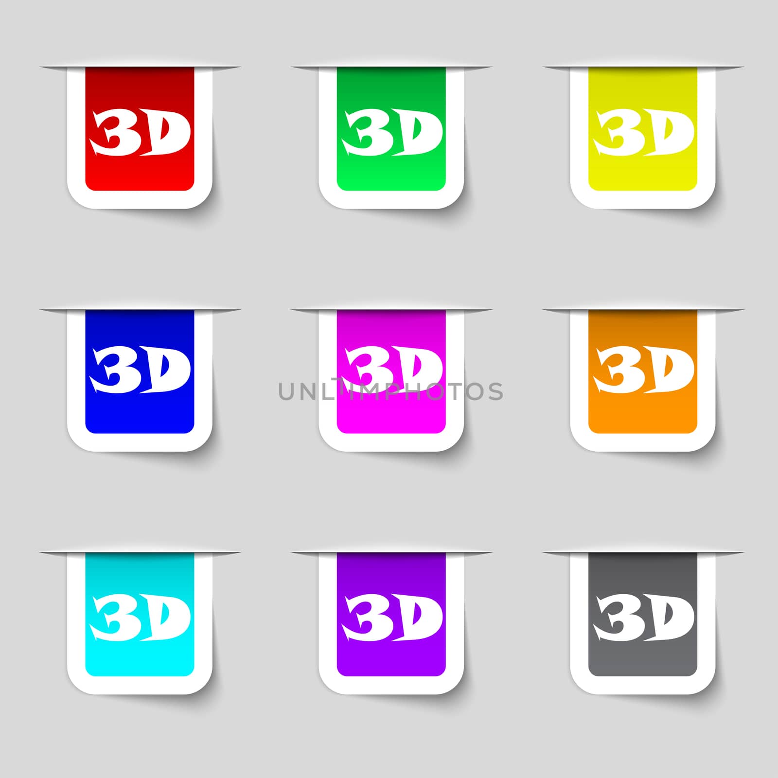 3D sign icon. 3D-New technology symbol. Set of colour buttons.  by serhii_lohvyniuk