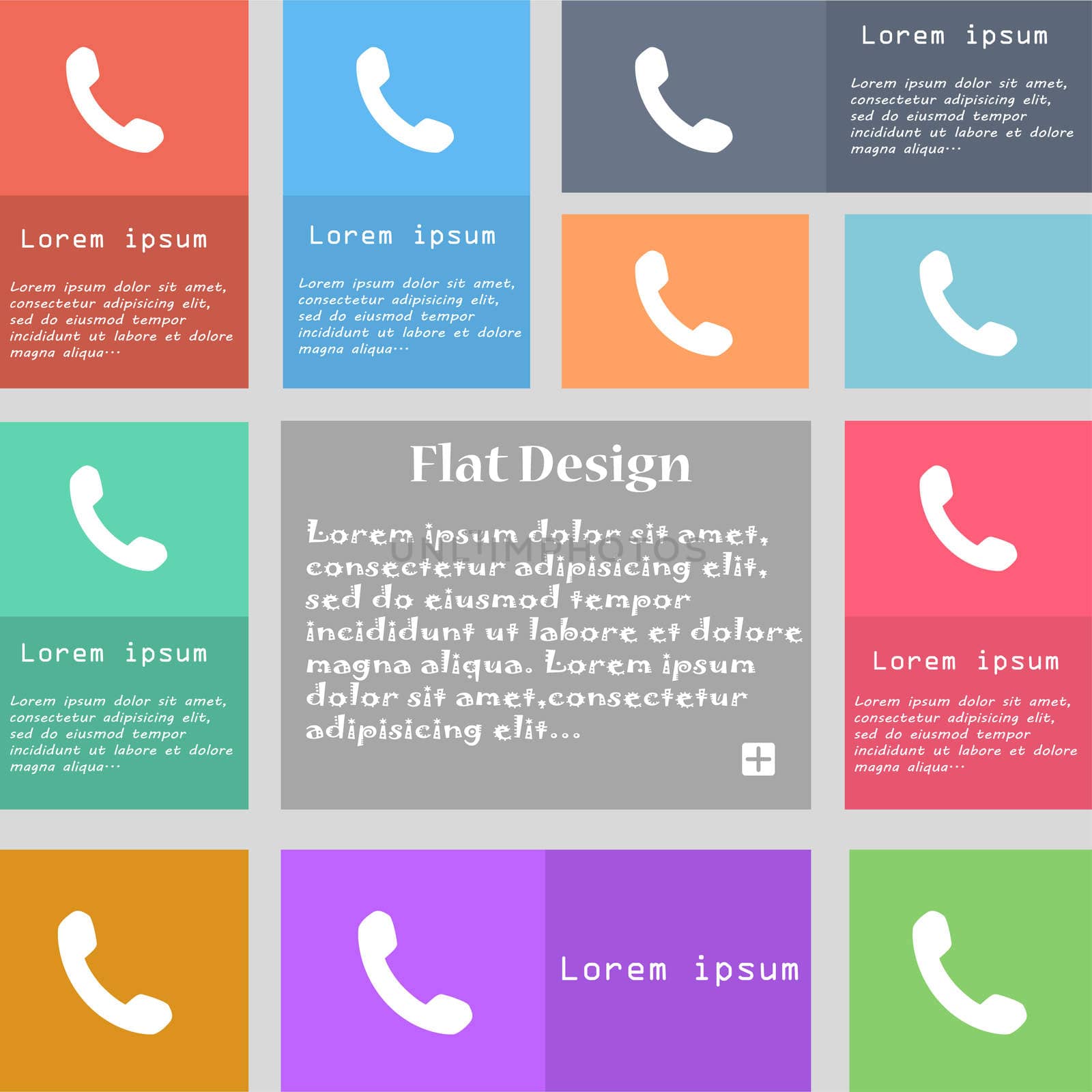 Phone, Support, Call center icon sign. Set of multicolored buttons. Metro style with space for text. The Long Shadow  by serhii_lohvyniuk