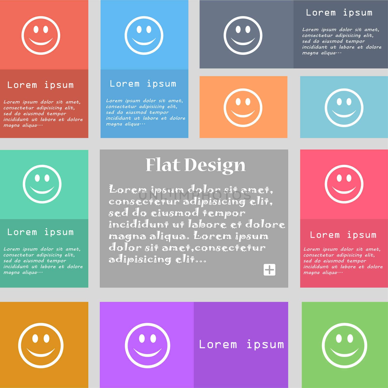 Smile, Happy face icon sign. Set of multicolored buttons. Metro style with space for text. The Long Shadow  by serhii_lohvyniuk