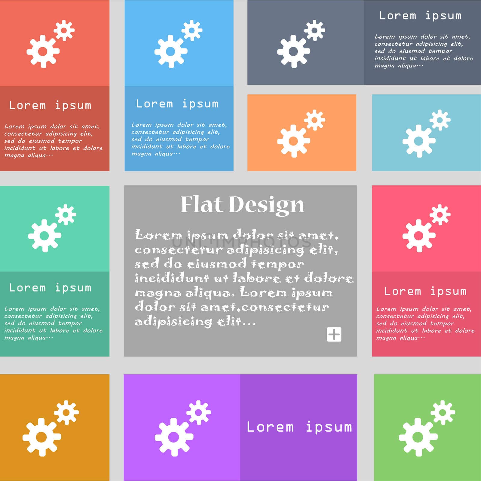 Cog settings, Cogwheel gear mechanism icon sign. Set of multicolored buttons. Metro style with space for text. The Long Shadow  by serhii_lohvyniuk