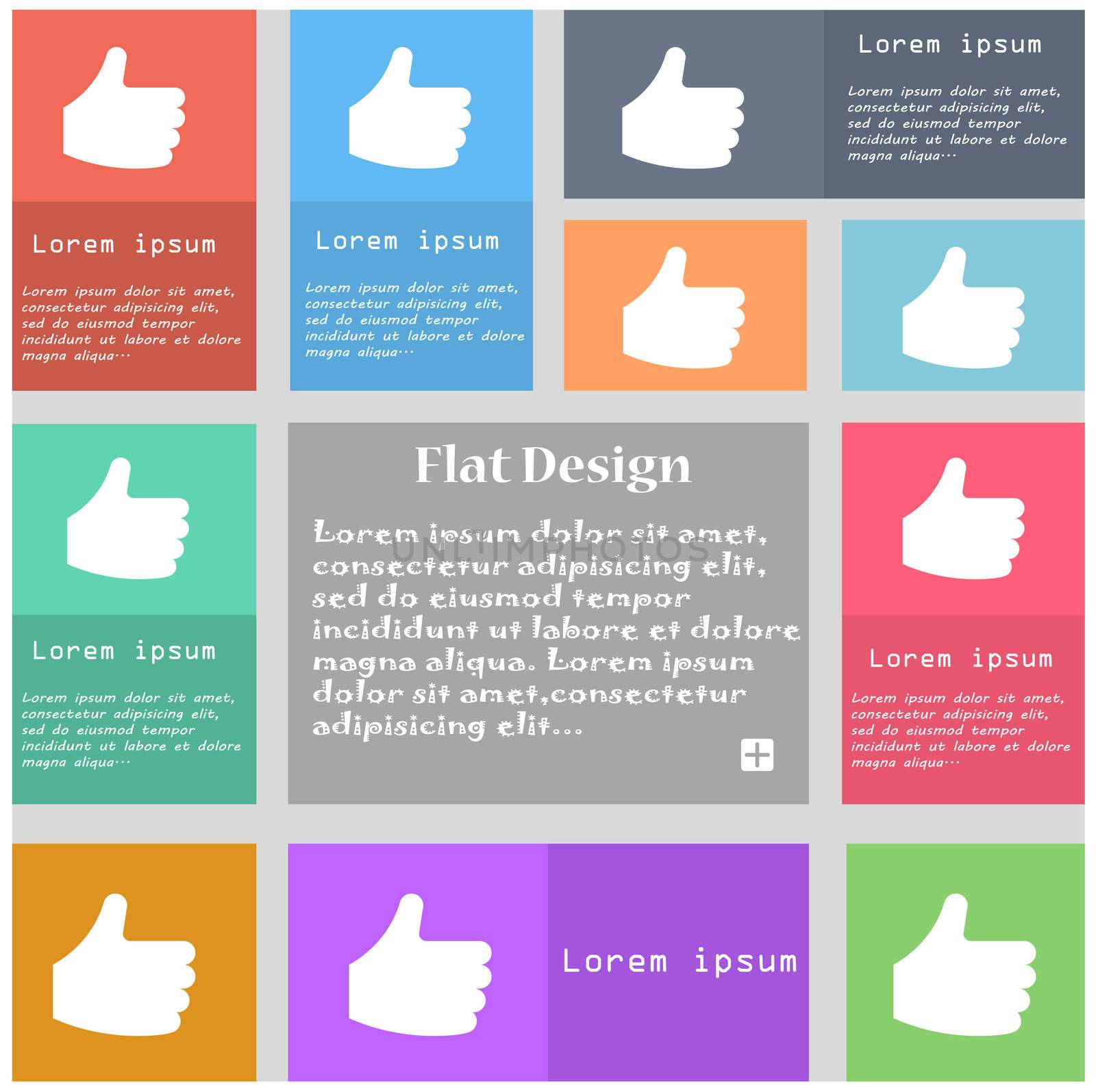 Like, Thumb up icon sign. Set of multicolored buttons with space for text.  by serhii_lohvyniuk