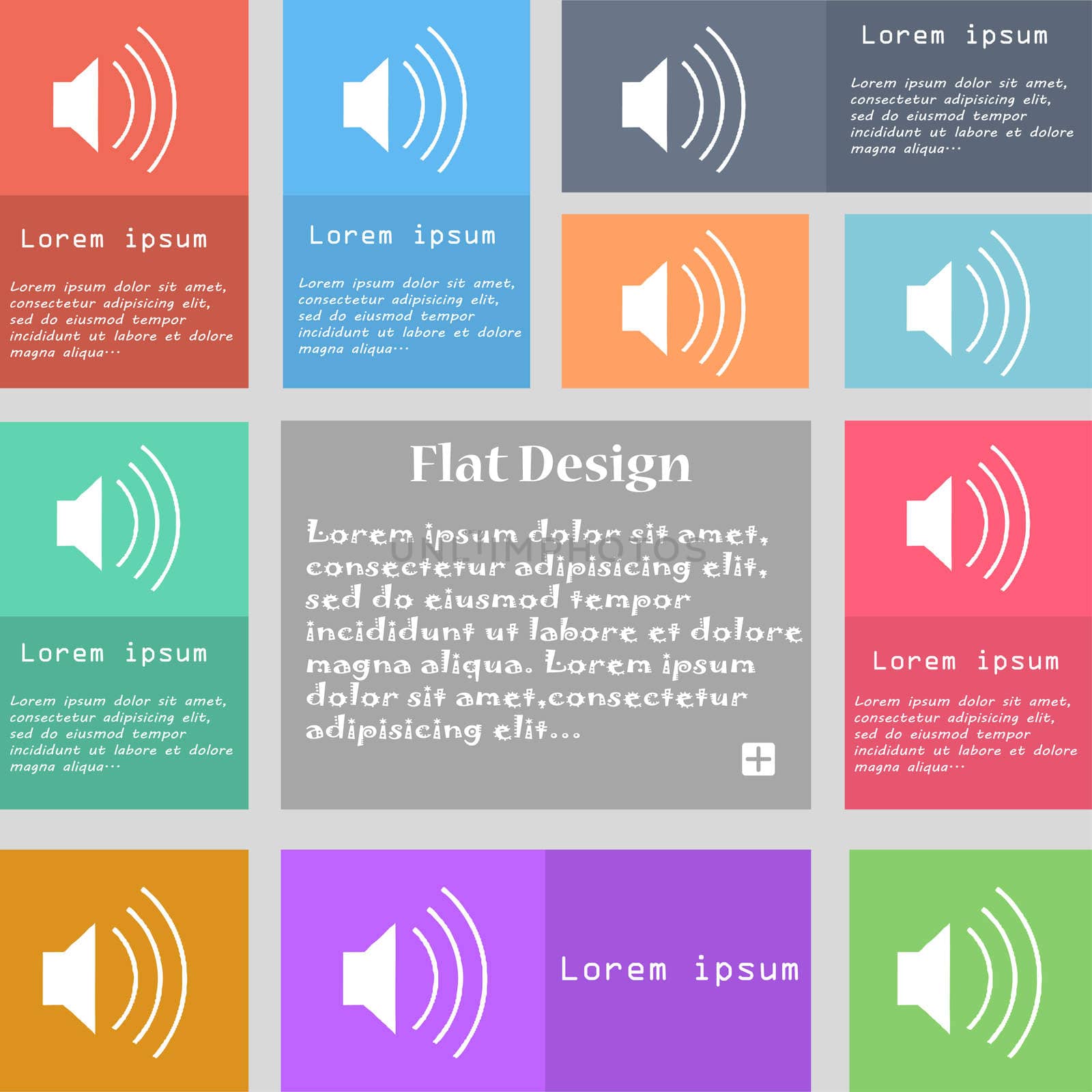 volume, sound icon sign. Set of multicolored buttons with space for text. illustration