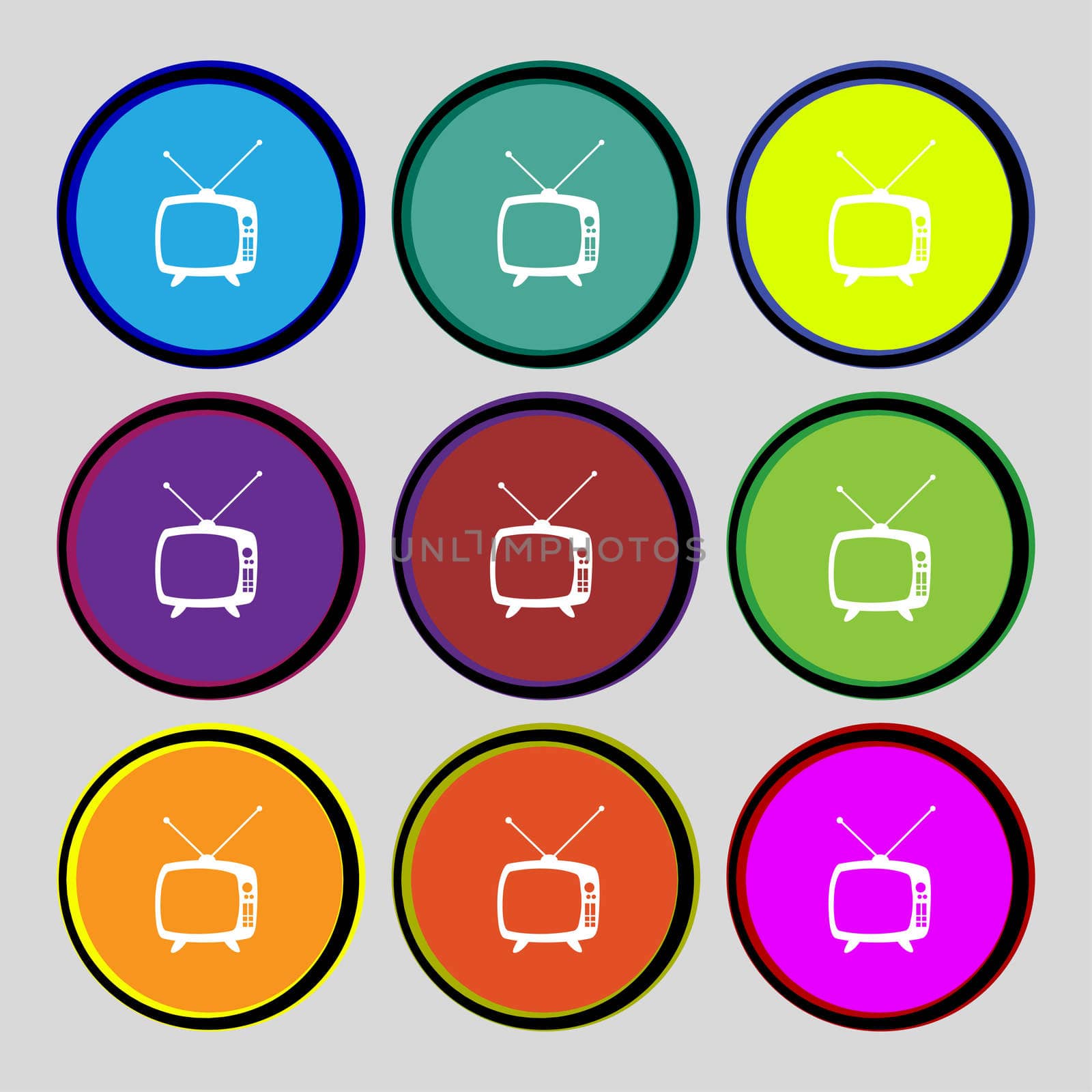 Retro TV mode sign icon. Television set symbol. Set colourful buttons. Hand cursor pointer illustration