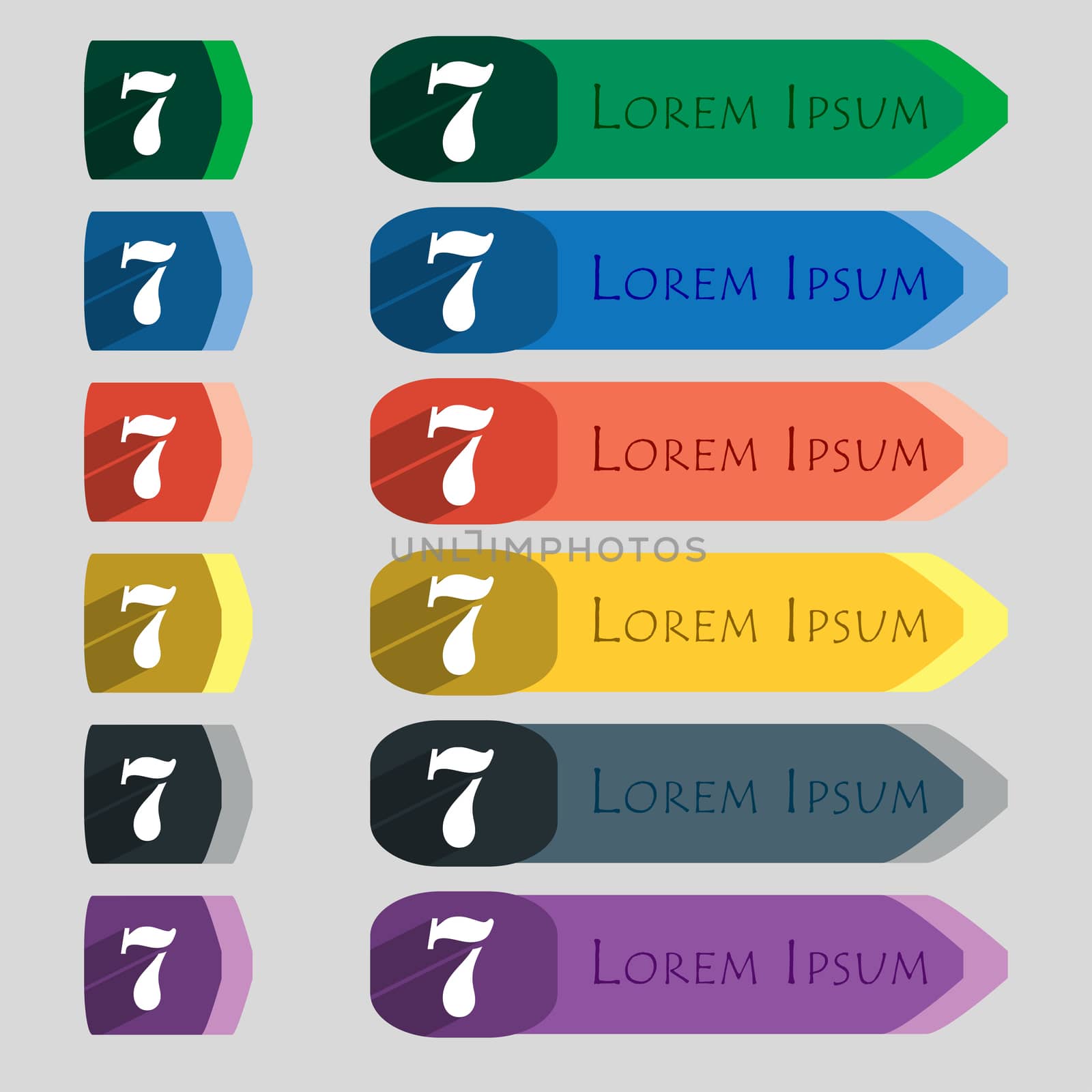 number seven icon sign. Set of coloured buttons. illustration