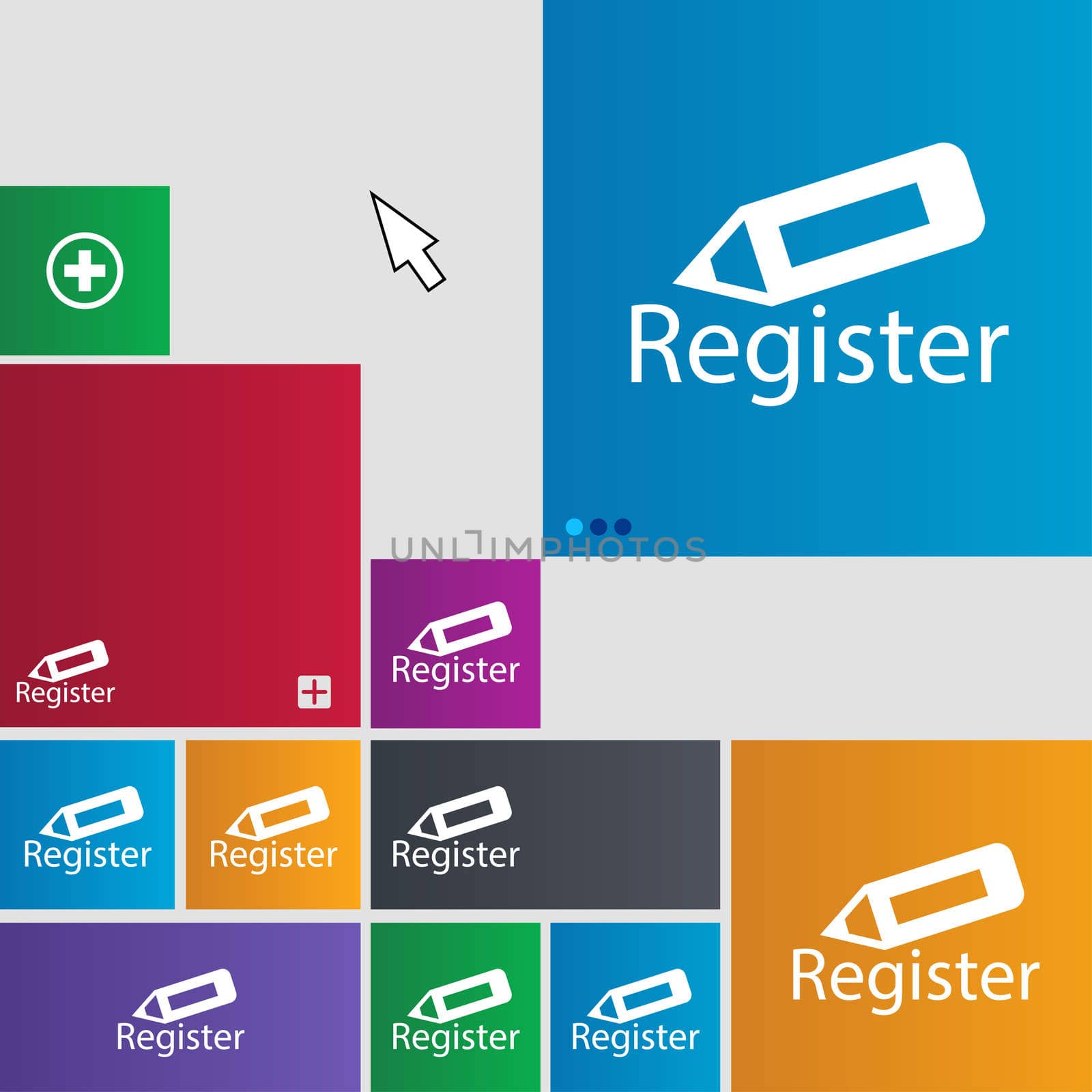 Register sign icon. Membership symbol. Website navigation. Set of colored buttons. illustration