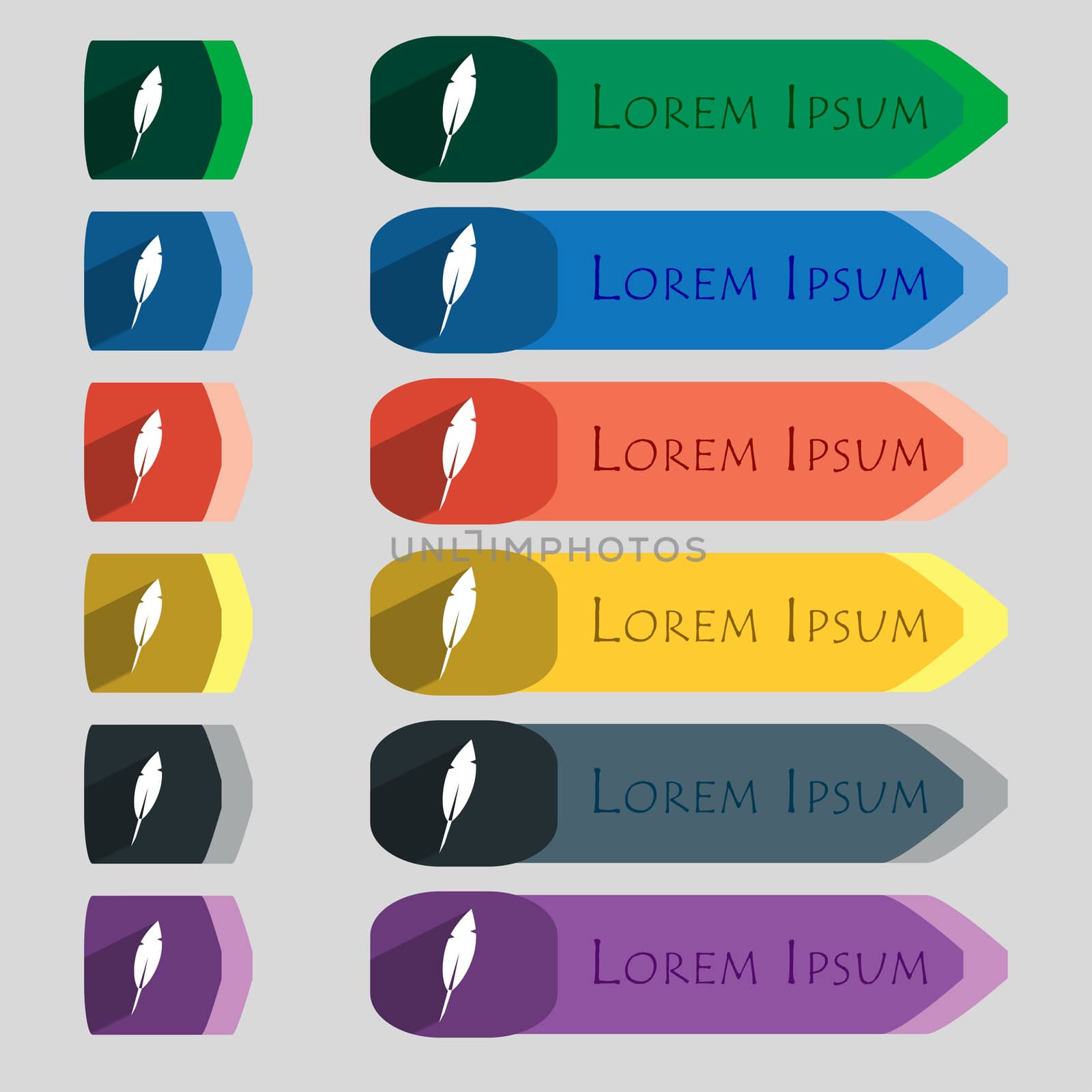 Feather sign icon. Retro pen symbol. Set of colored buttons illustration