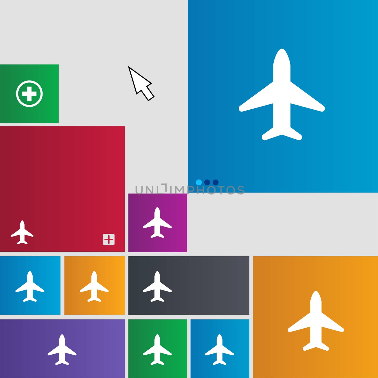 Airplane, Plane, Travel, Flight icon sign. Metro style buttons. Modern interface website buttons with cursor pointer. illustration