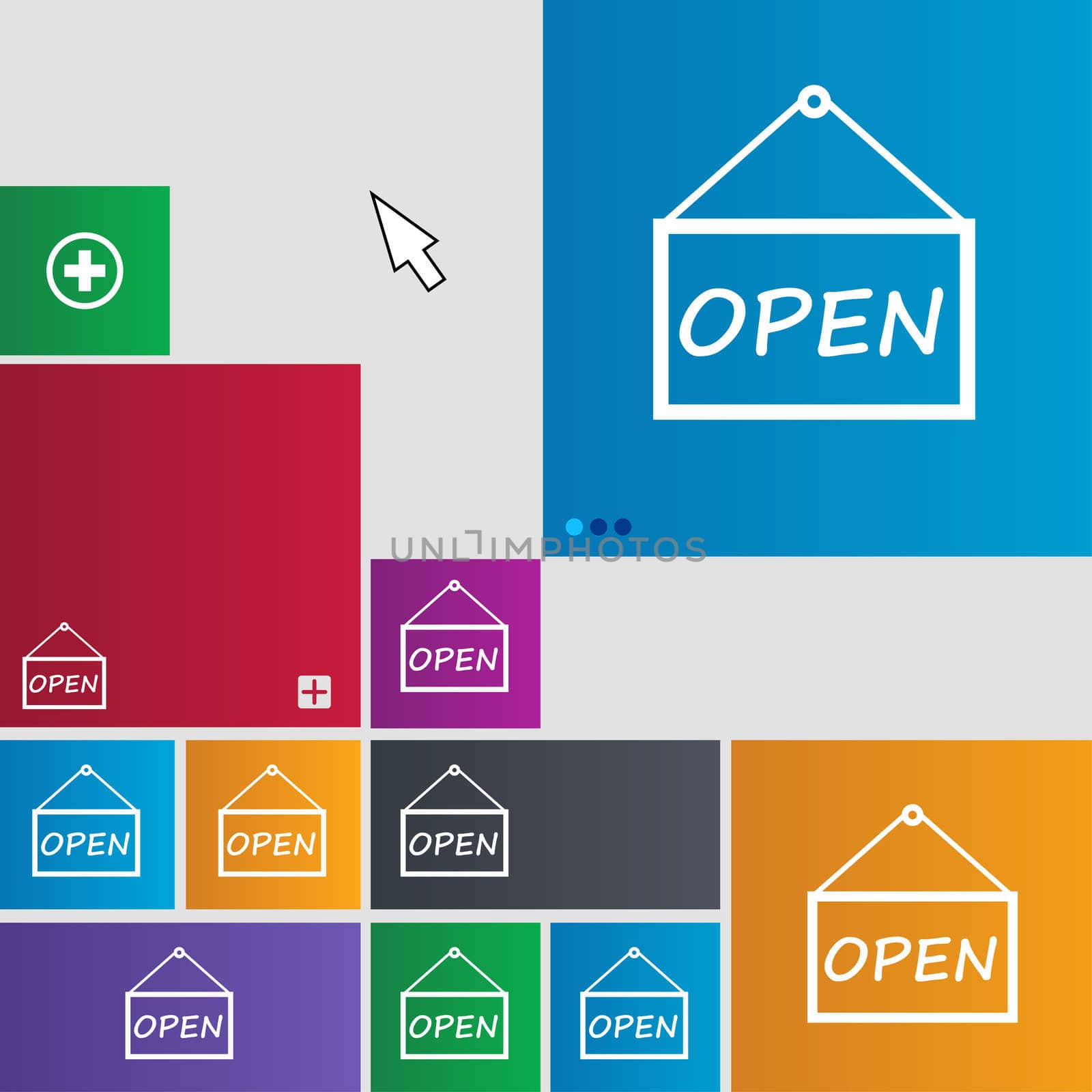 open icon sign. Metro style buttons. Modern interface website buttons with cursor pointer.  by serhii_lohvyniuk