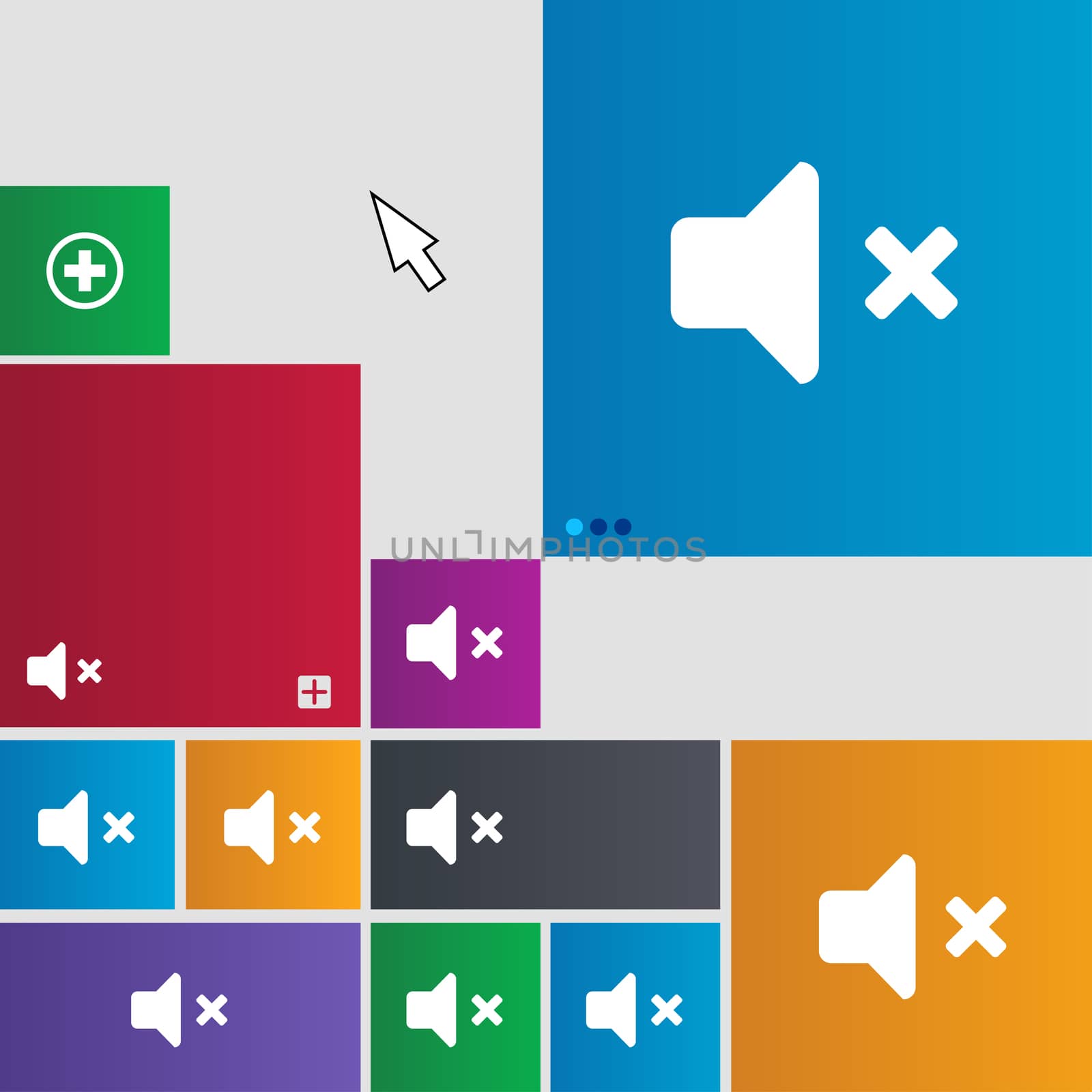 Mute speaker , Sound icon sign. Metro style buttons. Modern interface website buttons with cursor pointer. illustration