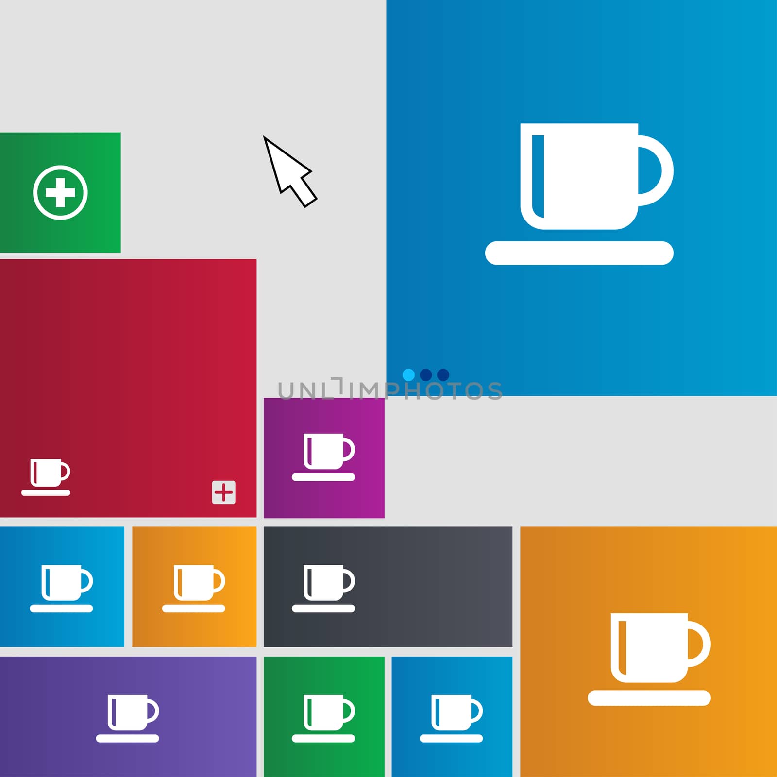 Coffee cup icon sign. Metro style buttons. Modern interface website buttons with cursor pointer.  by serhii_lohvyniuk