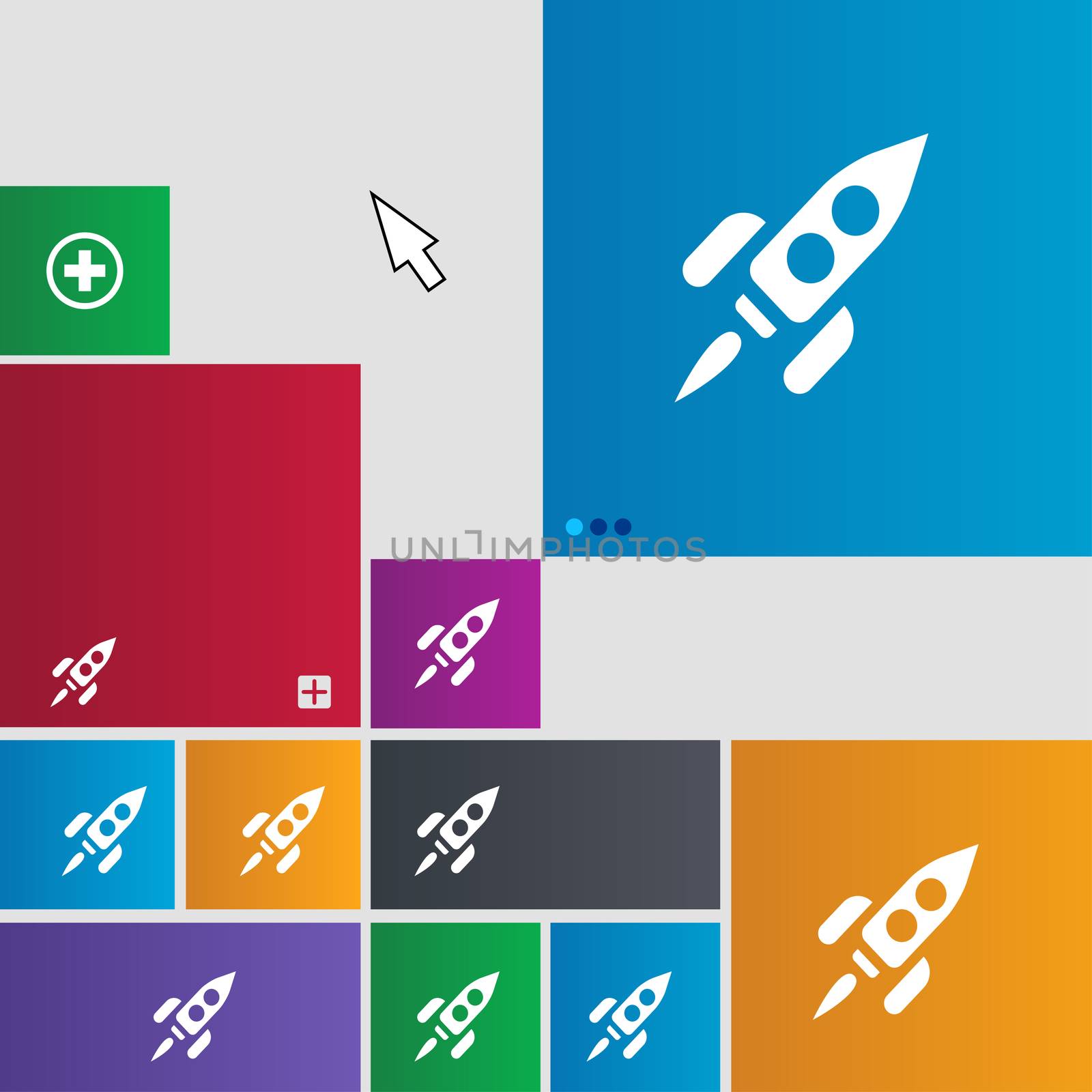 Rocket icon sign. Metro style buttons. Modern interface website buttons with cursor pointer.  by serhii_lohvyniuk