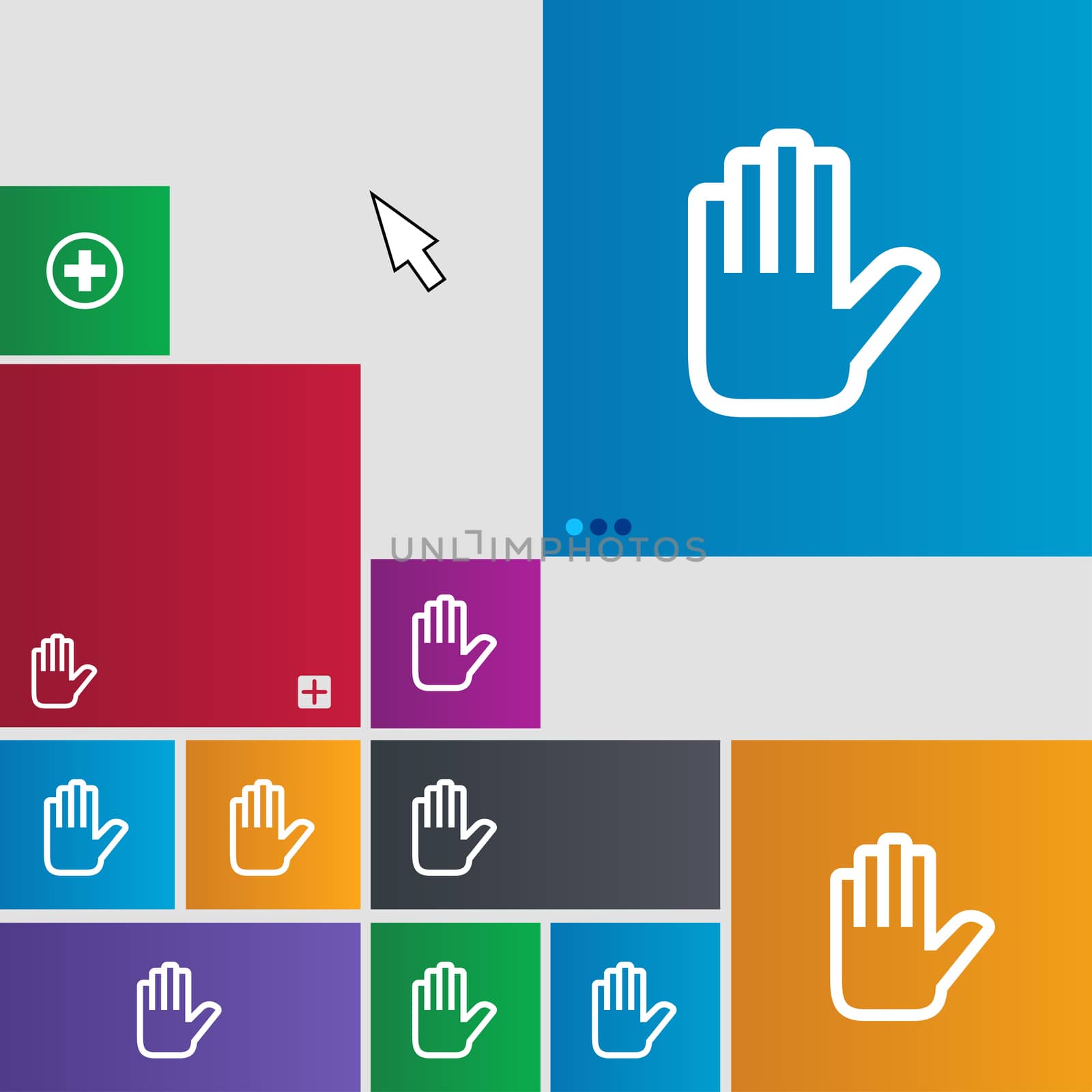 Hand print, Stop icon sign. Metro style buttons. Modern interface website buttons with cursor pointer. illustration