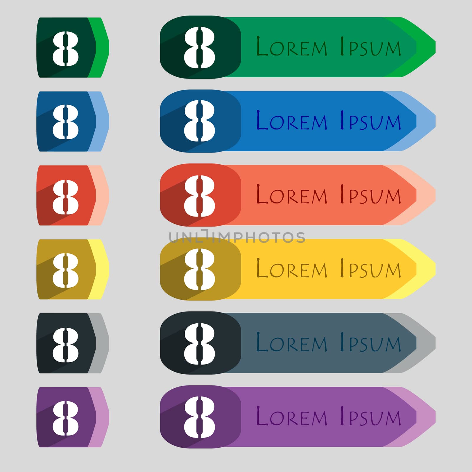 number Eight icon sign. Set of coloured buttons.  by serhii_lohvyniuk