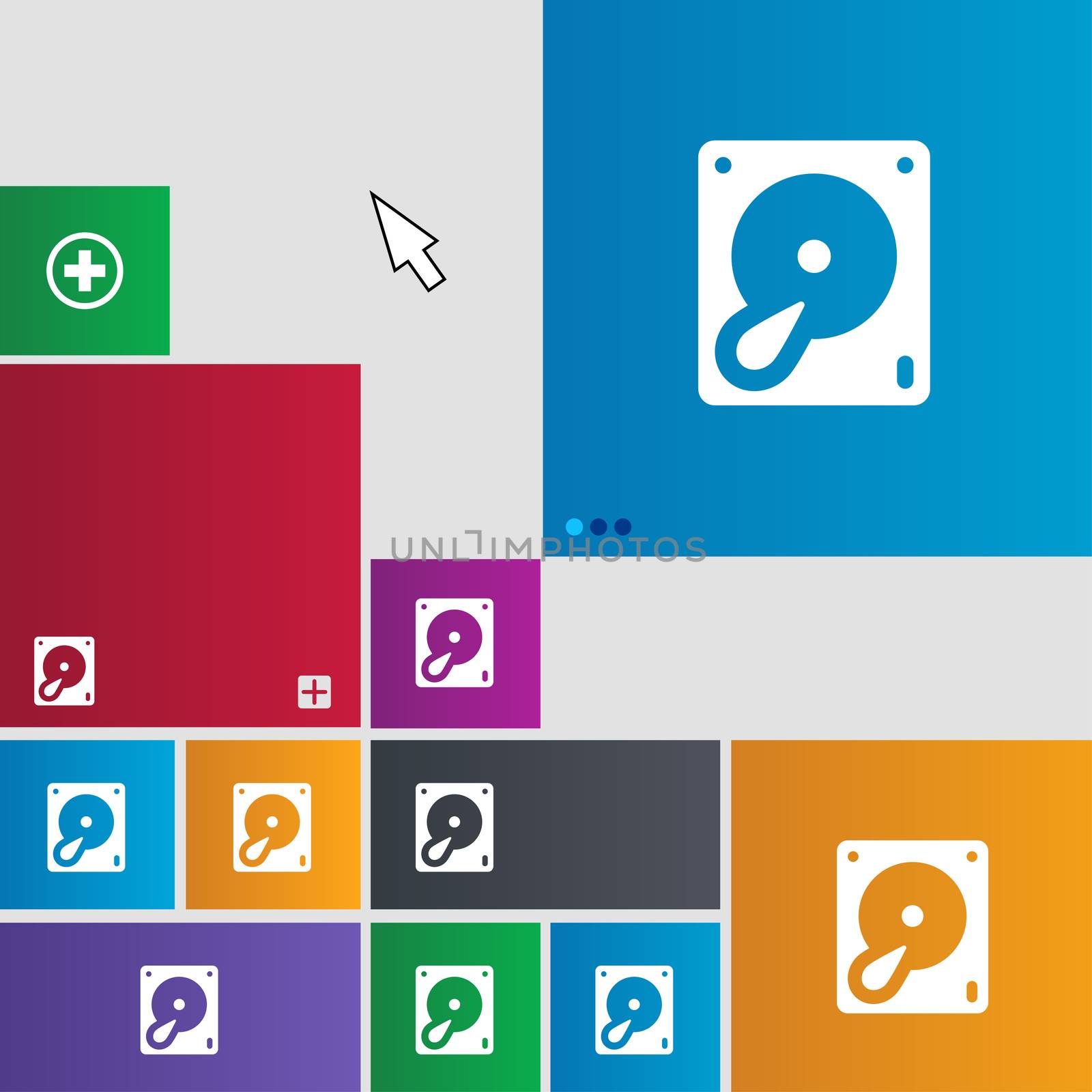 Hard disk and database icon sign. Metro style buttons. Modern interface website buttons with cursor pointer. illustration