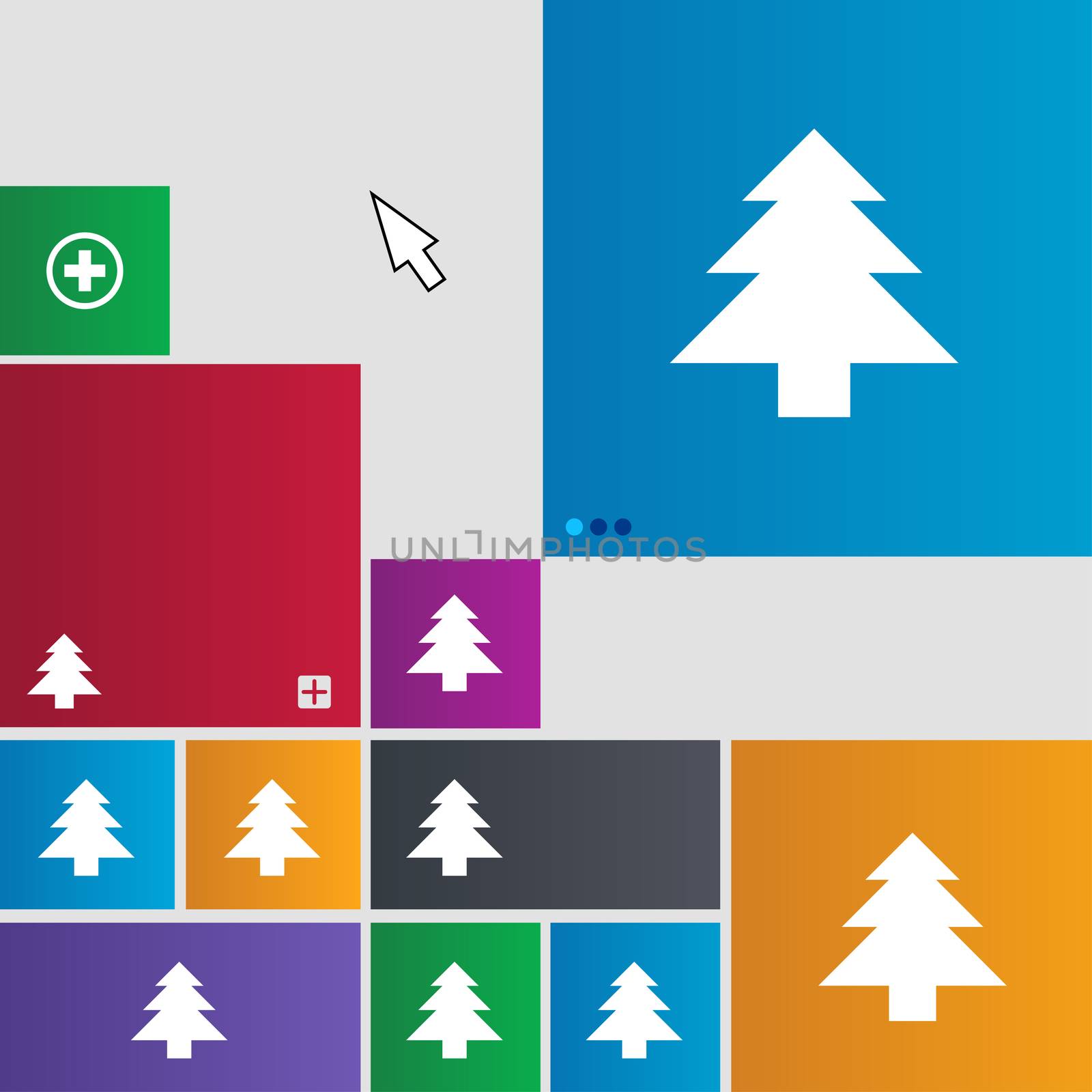 Christmas tree icon sign. Metro style buttons. Modern interface website buttons with cursor pointer.  by serhii_lohvyniuk