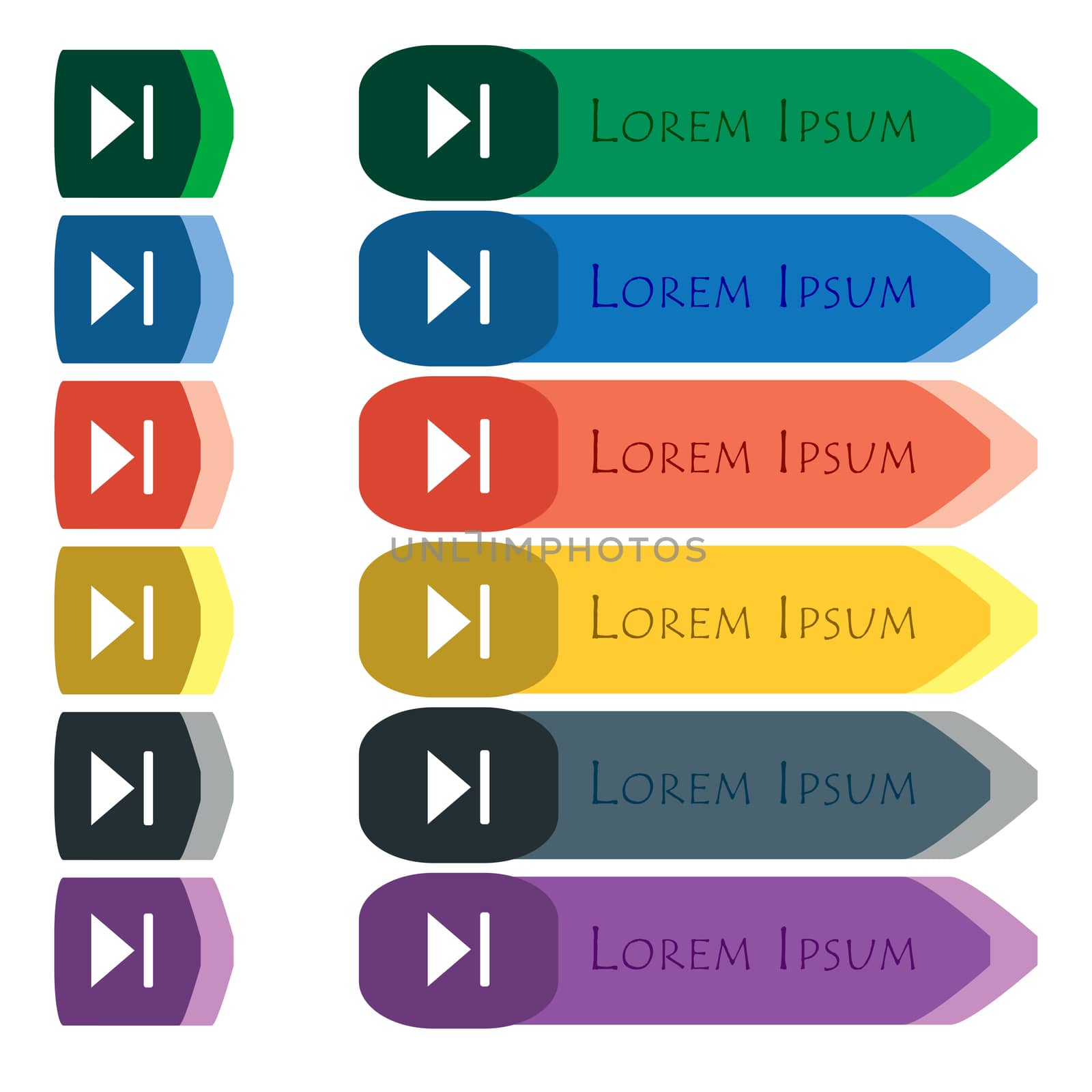 next track icon sign. Set of colorful, bright long buttons with additional small modules. Flat design. 