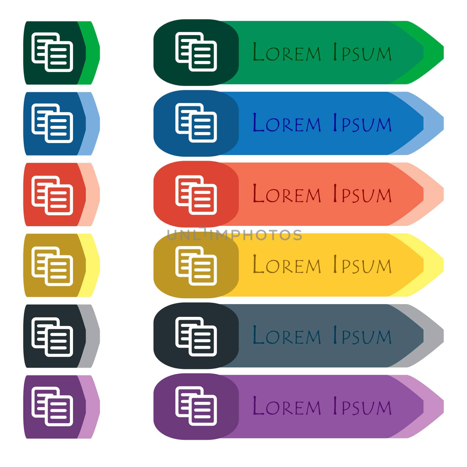 copy icon sign. Set of colorful, bright long buttons with additional small modules. Flat design. 