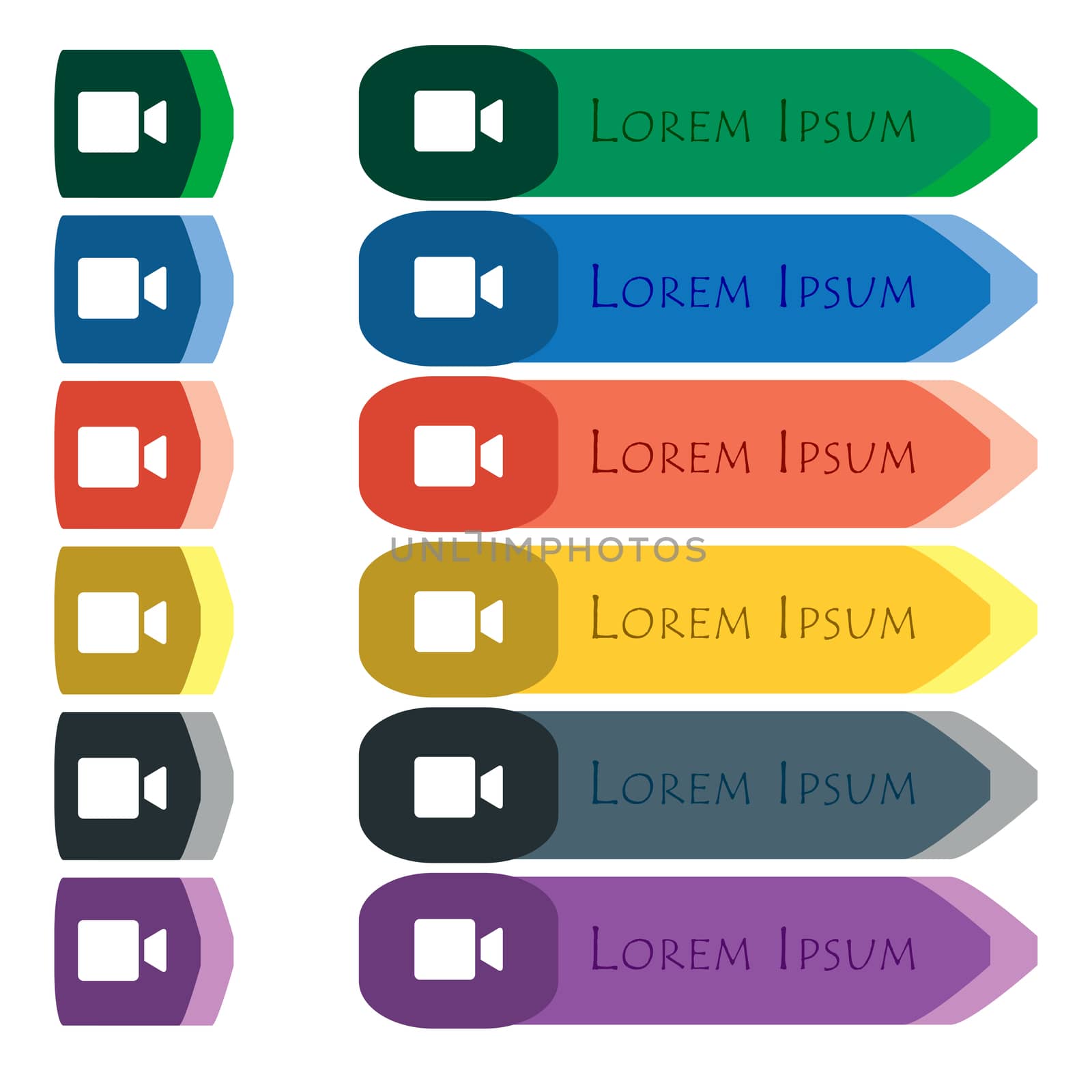 Video camera icon sign. Set of colorful, bright long buttons with additional small modules. Flat design. 