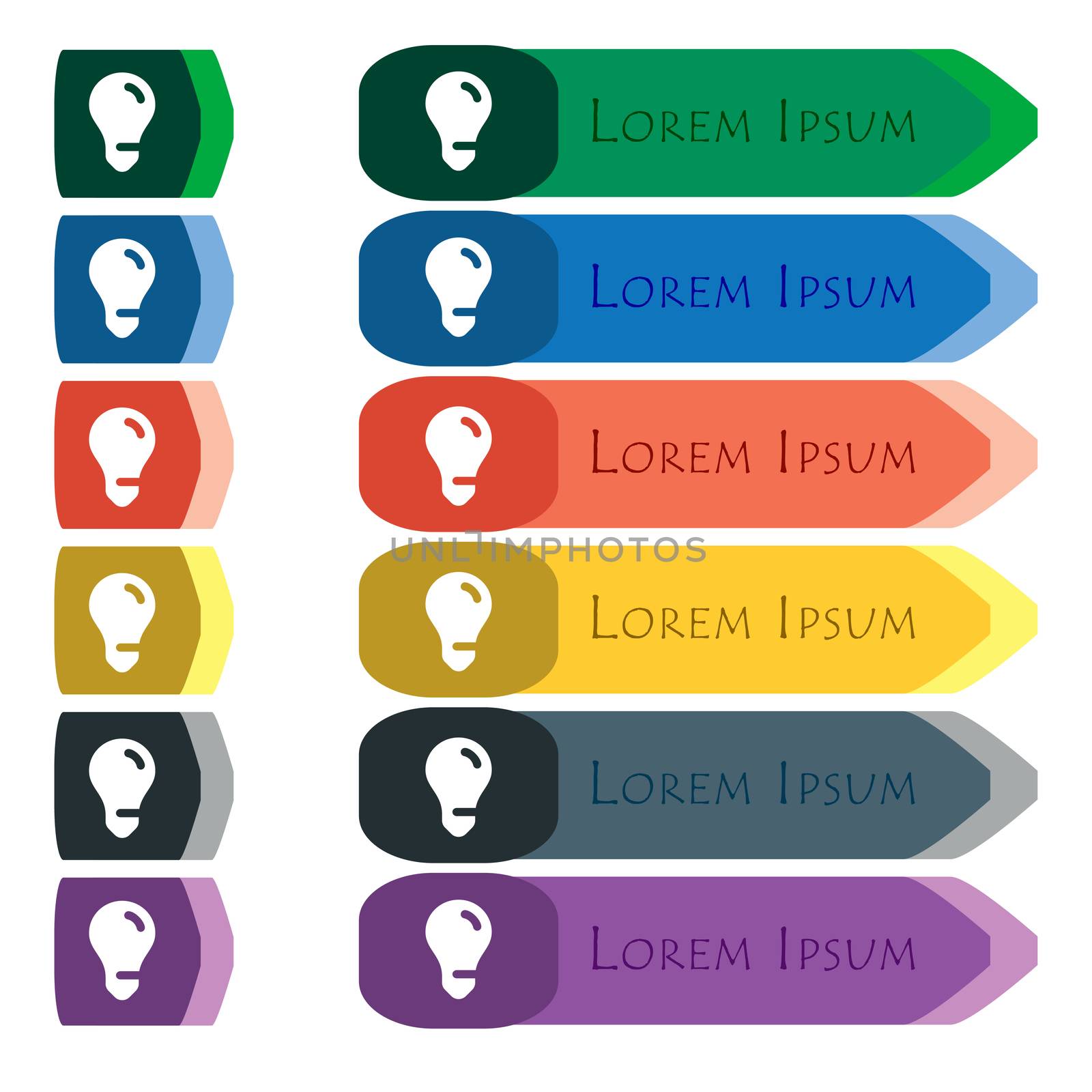 light bulb, idea icon sign. Set of colorful, bright long buttons with additional small modules. Flat design by serhii_lohvyniuk