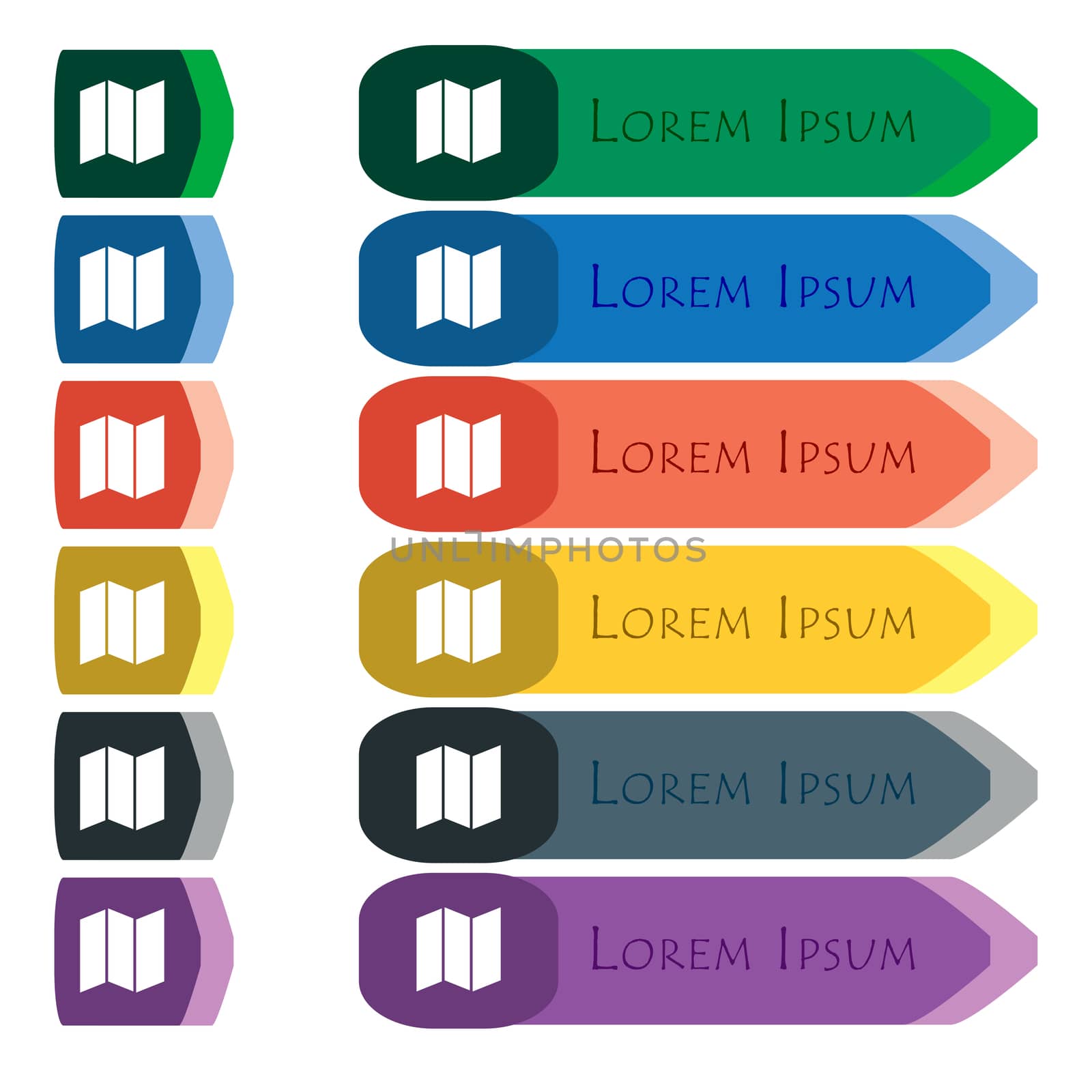 map icon sign. Set of colorful, bright long buttons with additional small modules. Flat design. 