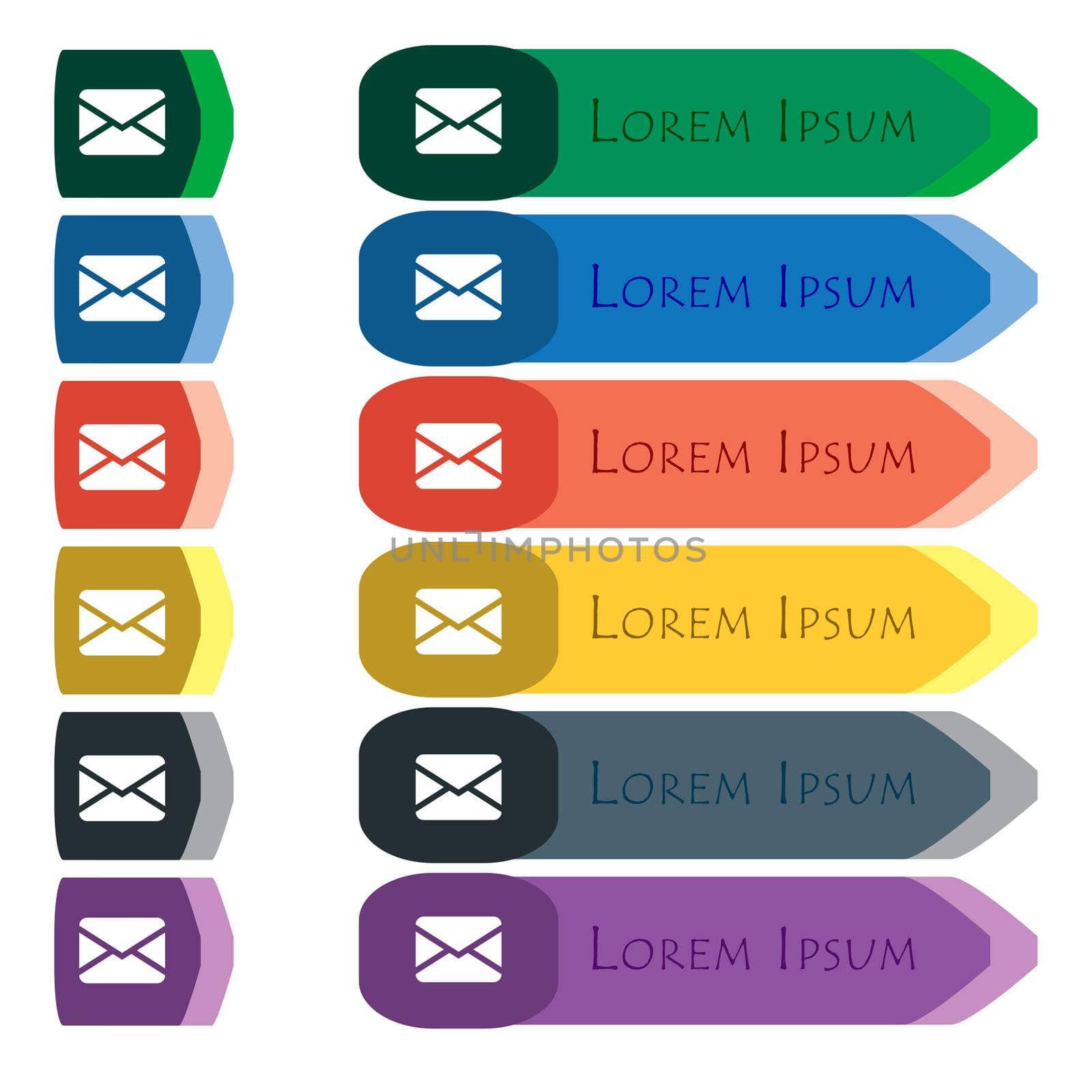 Mail, Envelope, Message icon sign. Set of colorful, bright long buttons with additional small modules. Flat design. 