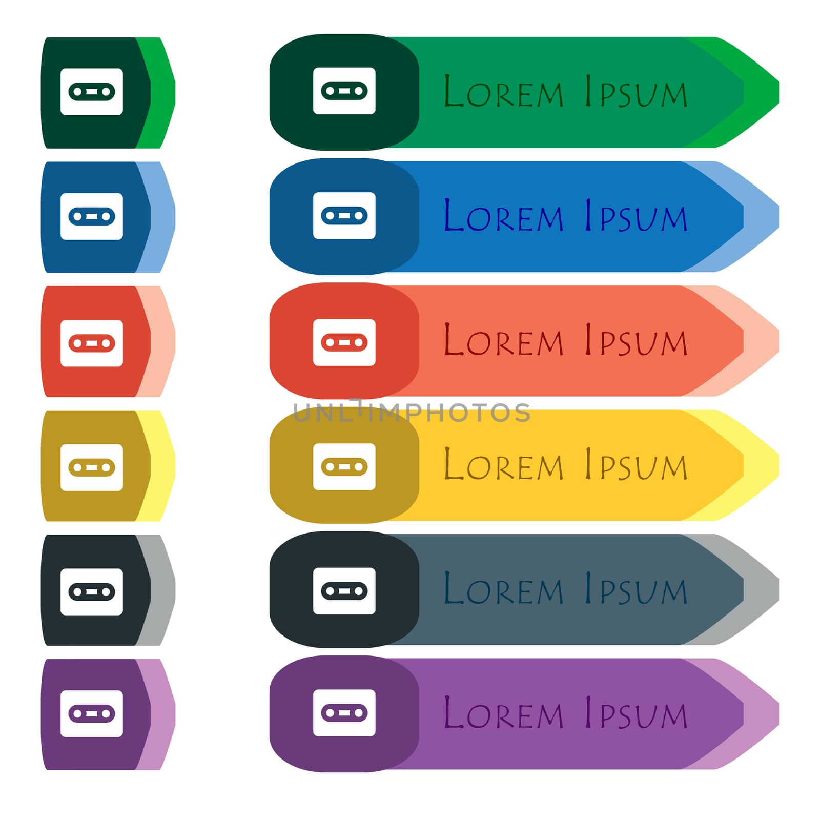 Cassette icon sign. Set of colorful, bright long buttons with additional small modules. Flat design. 