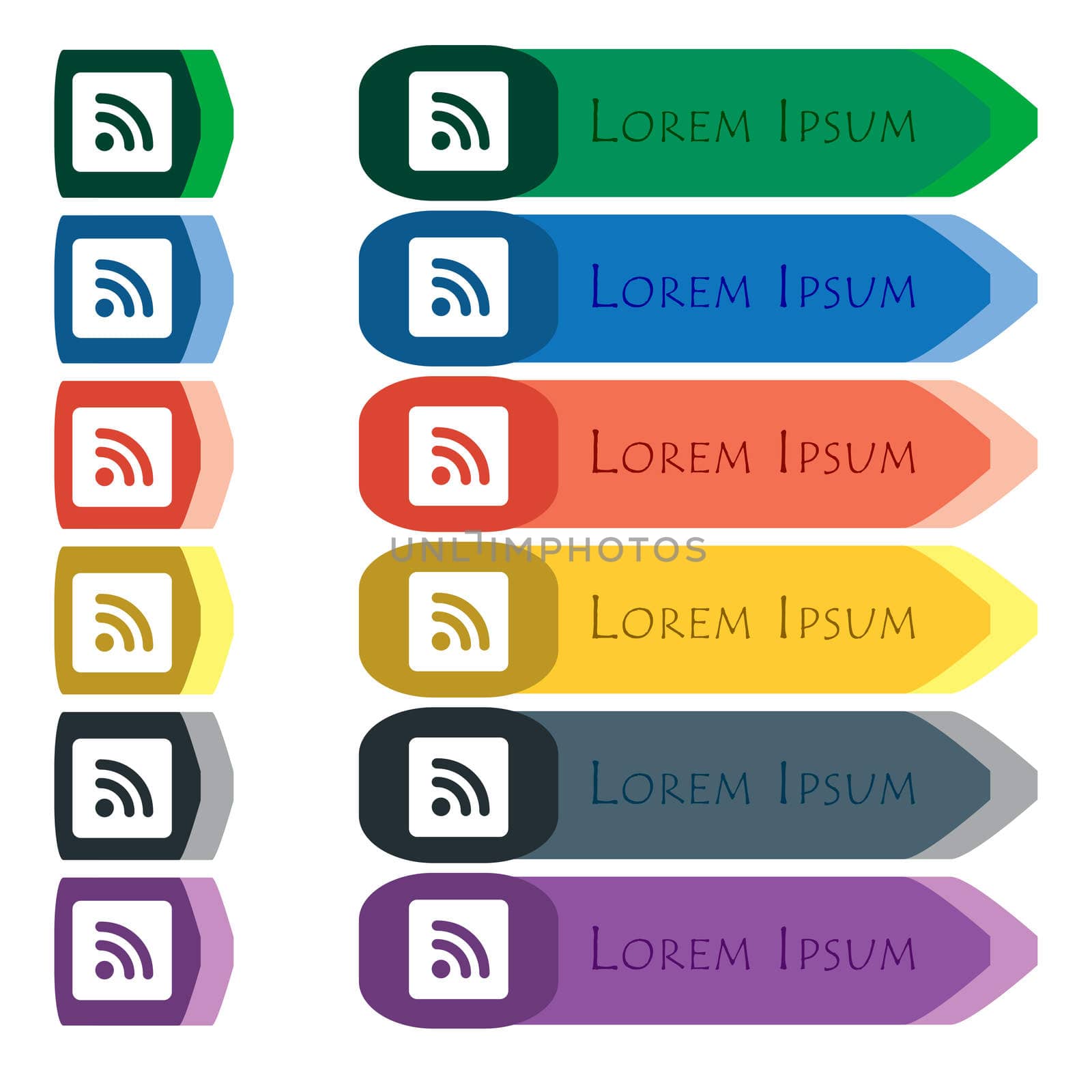 RSS feed icon sign. Set of colorful, bright long buttons with additional small modules. Flat design. 