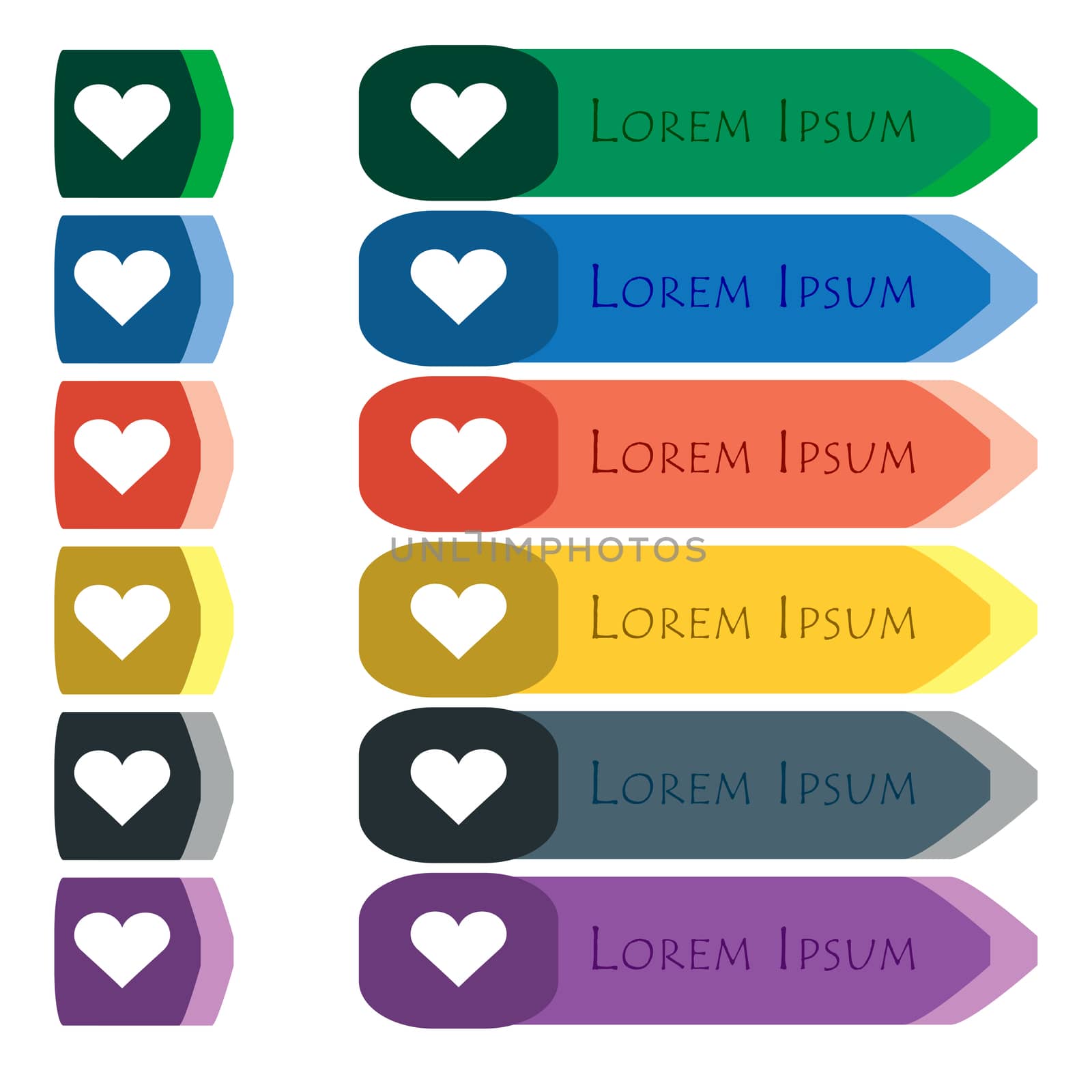 Heart, Love icon sign. Set of colorful, bright long buttons with additional small modules. Flat design by serhii_lohvyniuk