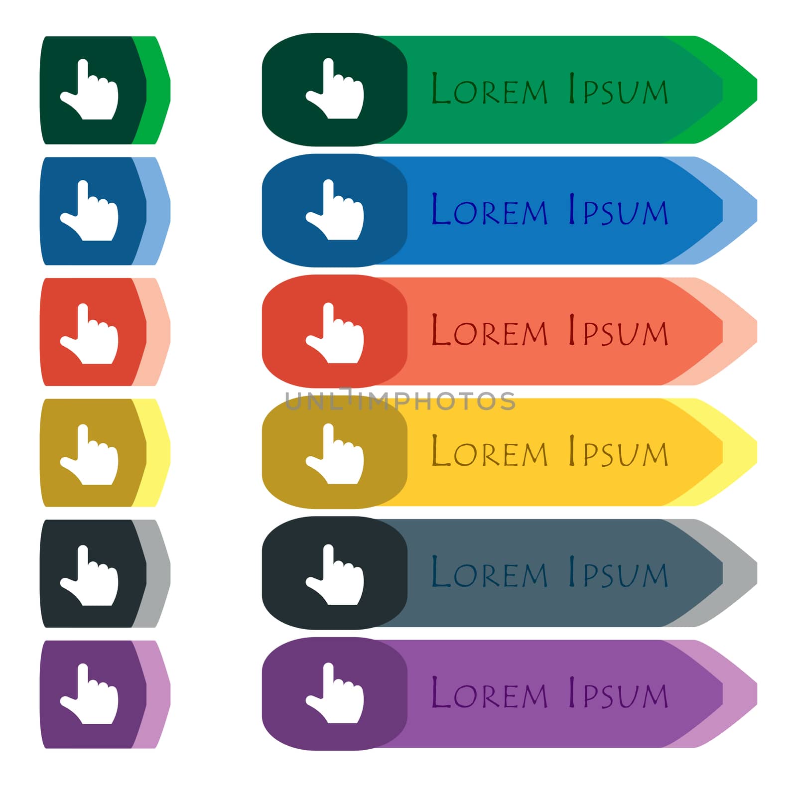 pointing hand icon sign. Set of colorful, bright long buttons with additional small modules. Flat design. 