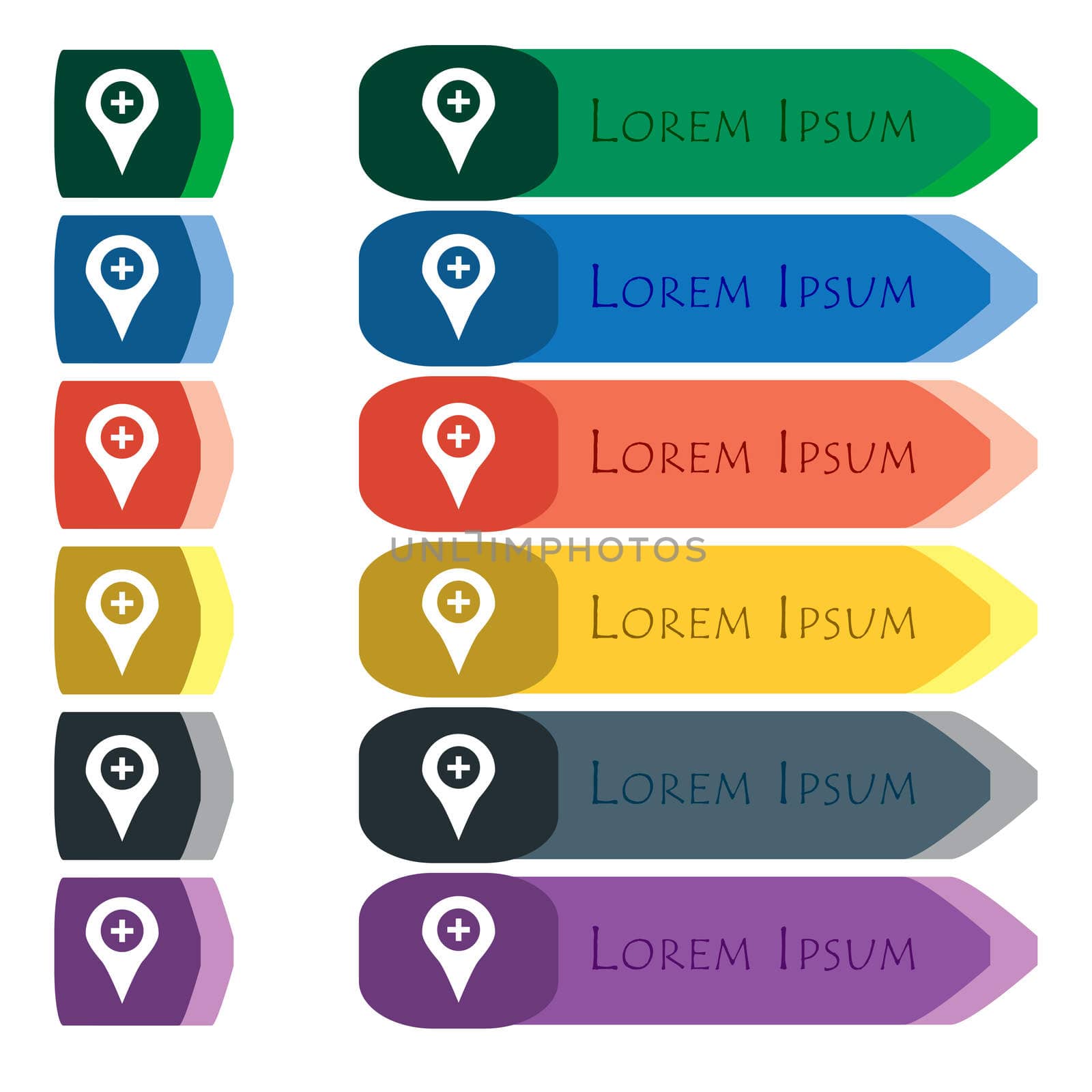 Plus Map pointer, GPS location icon sign. Set of colorful, bright long buttons with additional small modules. Flat design. 