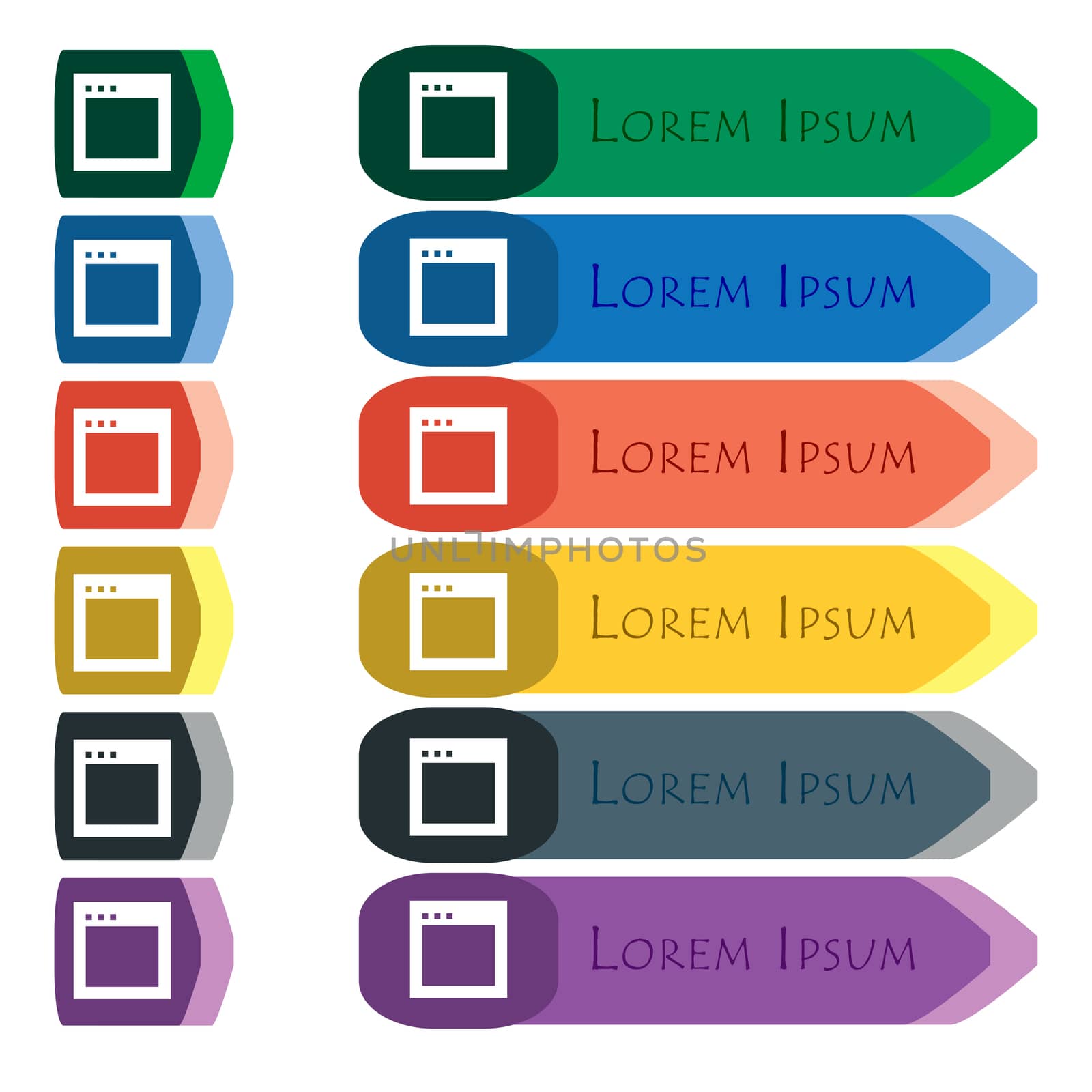 Simple Browser window icon sign. Set of colorful, bright long buttons with additional small modules. Flat design. 