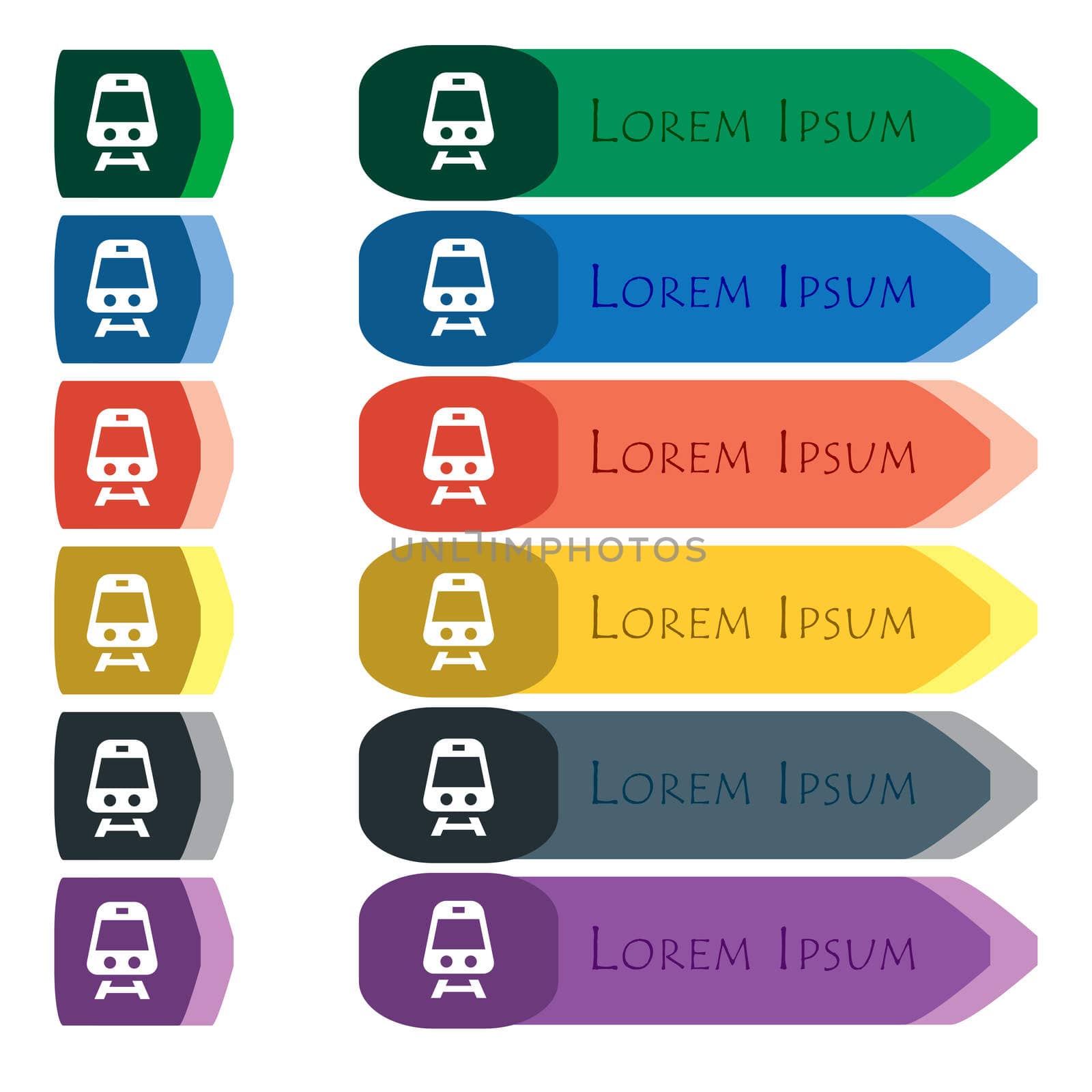 Train icon sign. Set of colorful, bright long buttons with additional small modules. Flat design by serhii_lohvyniuk