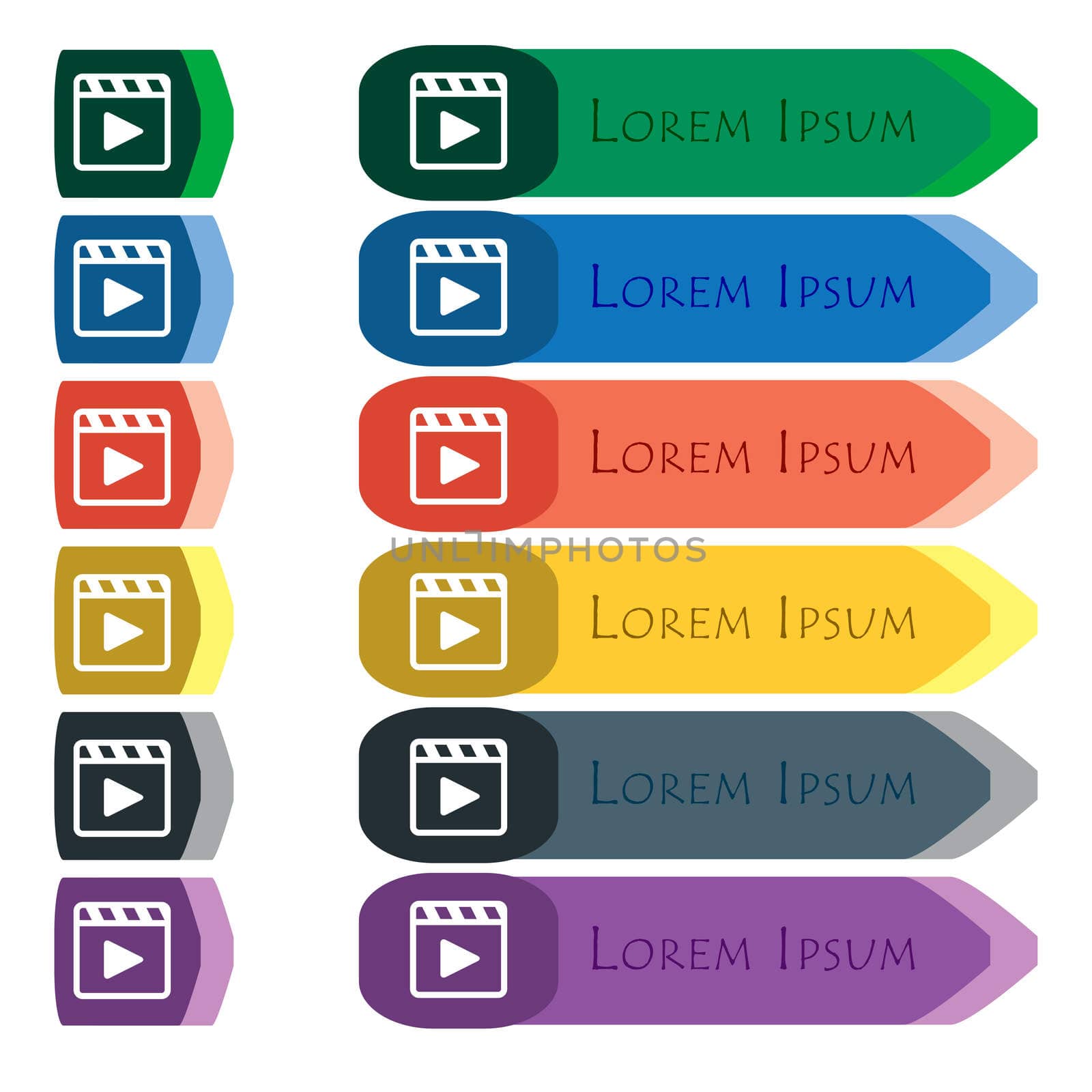 Play video icon sign. Set of colorful, bright long buttons with additional small modules. Flat design. 