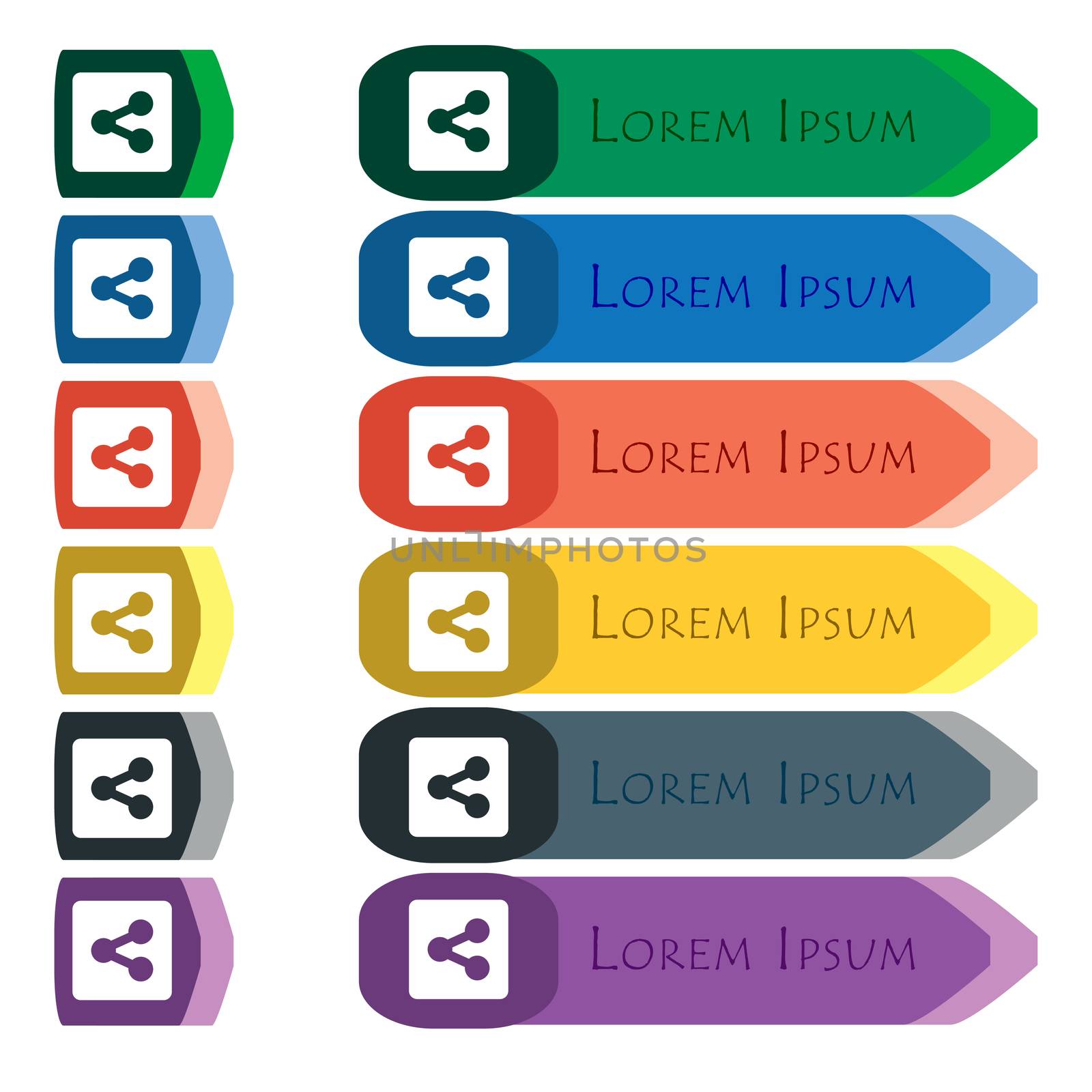 Share icon sign. Set of colorful, bright long buttons with additional small modules. Flat design by serhii_lohvyniuk