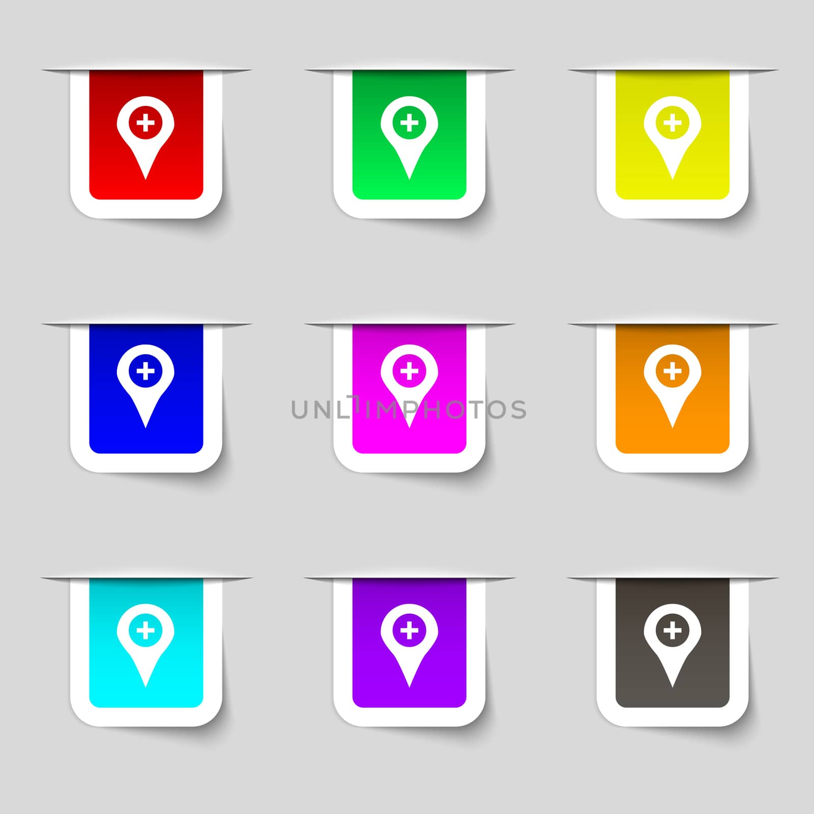 Plus Map pointer, GPS location icon sign. Set of multicolored modern labels for your design.  by serhii_lohvyniuk