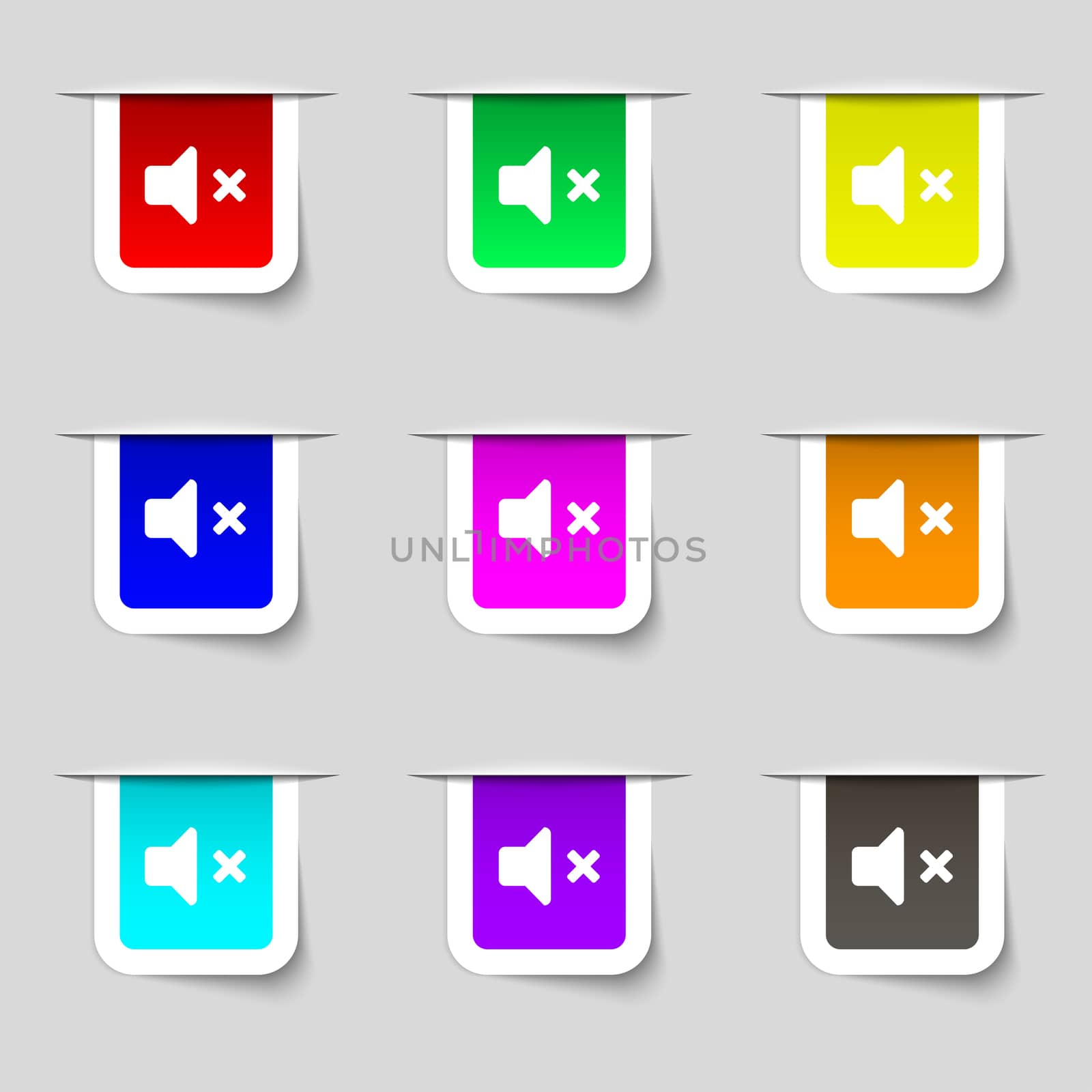 Mute speaker , Sound icon sign. Set of multicolored modern labels for your design.  by serhii_lohvyniuk