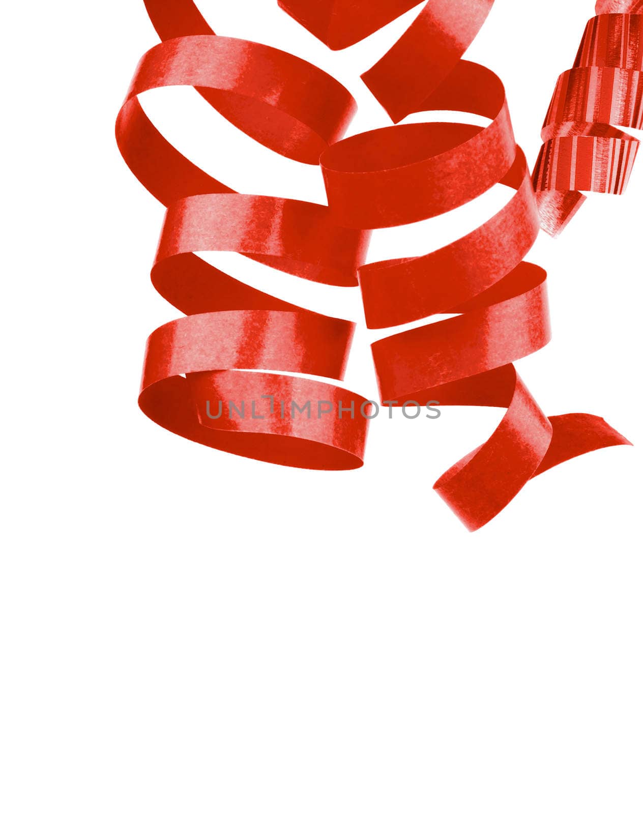 Three Red Curled Party Streamers Hanging down isolated on White background