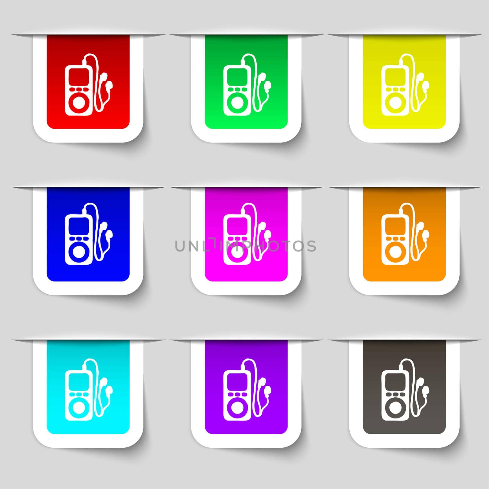 MP3 player, headphones, music icon sign. Set of multicolored modern labels for your design. illustration