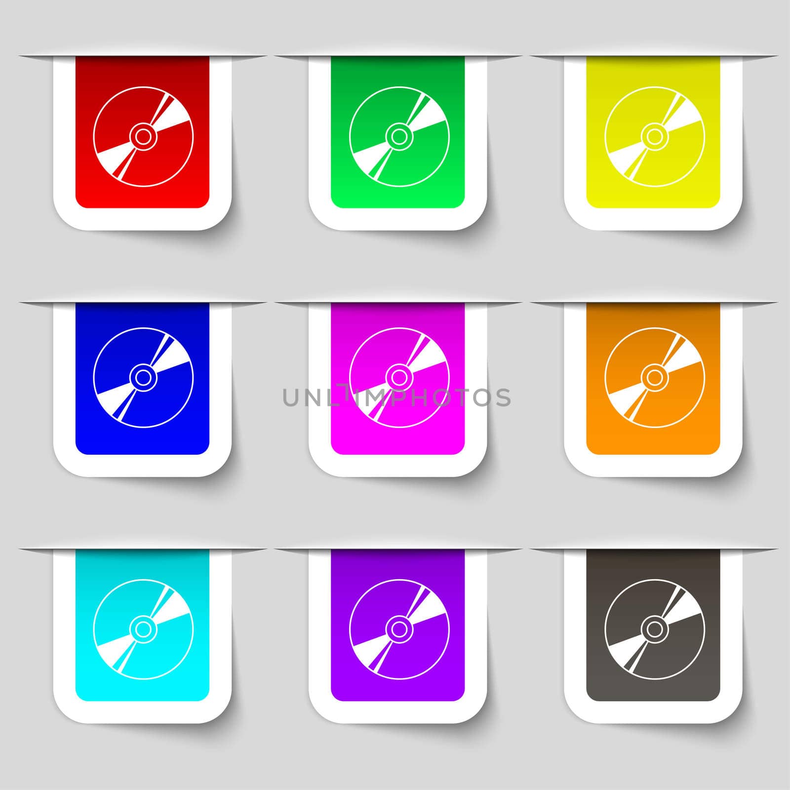 Cd, DVD, compact disk, blue ray icon sign. Set of multicolored modern labels for your design. illustration