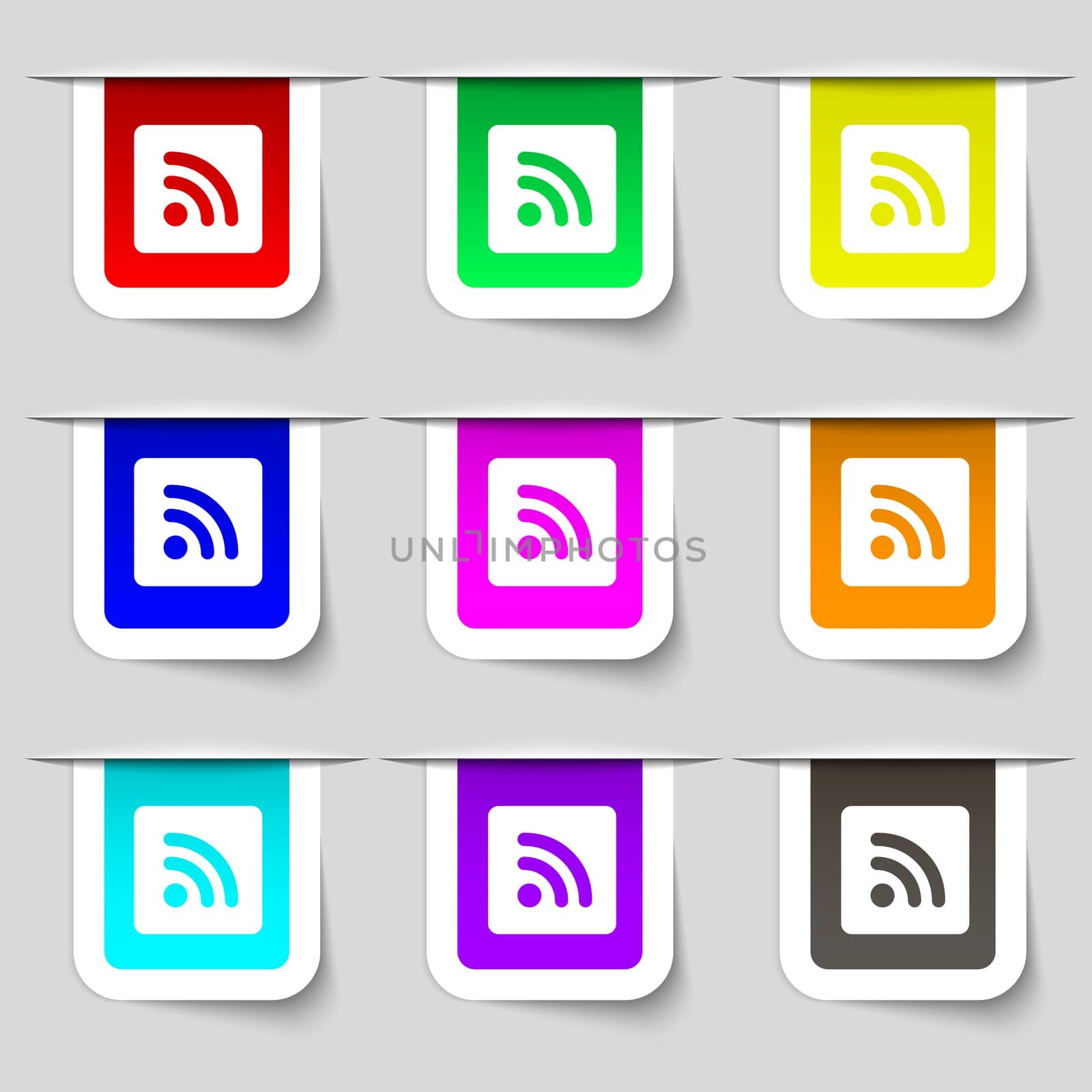 RSS feed icon sign. Set of multicolored modern labels for your design. illustration