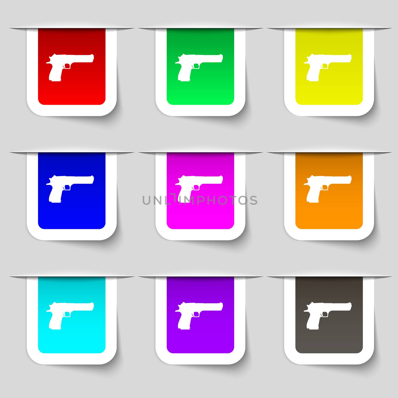 gun icon sign. Set of multicolored modern labels for your design. illustration