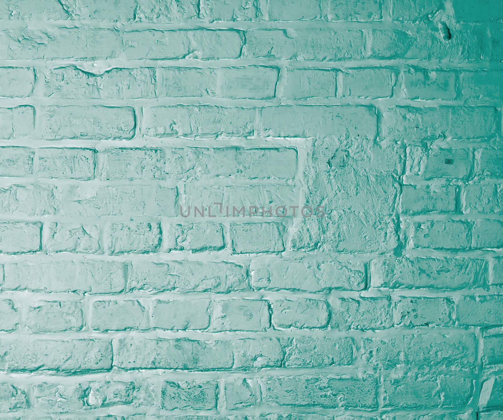 Background of Green Brick Wall Painted with White Mortar closeup
