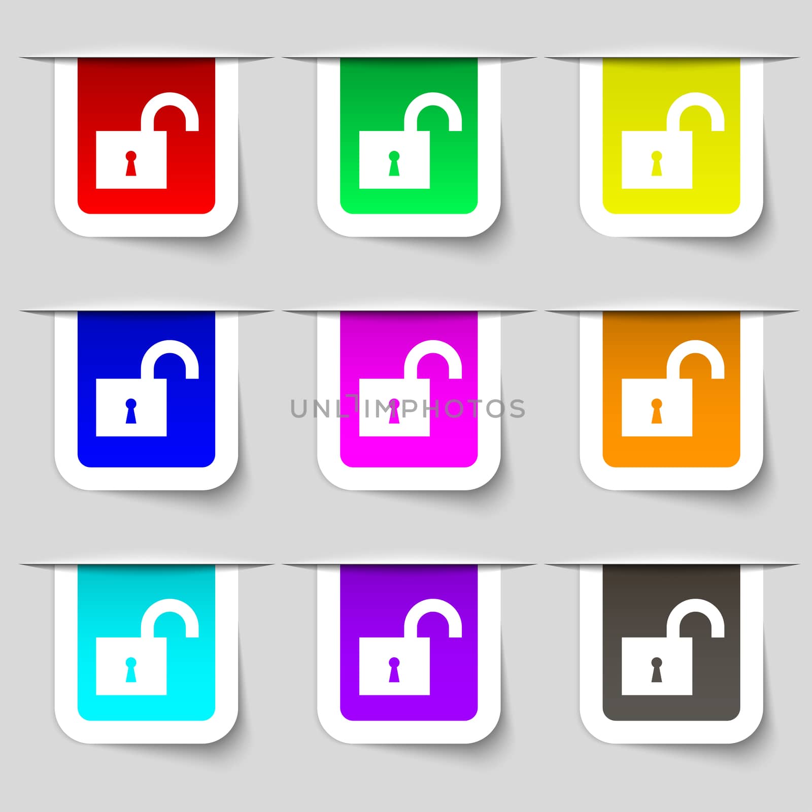 open lock icon sign. Set of multicolored modern labels for your design. illustration