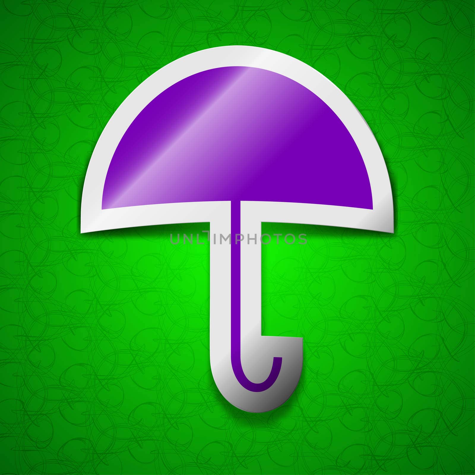 Umbrella icon sign. Symbol chic colored sticky label on green background. illustration