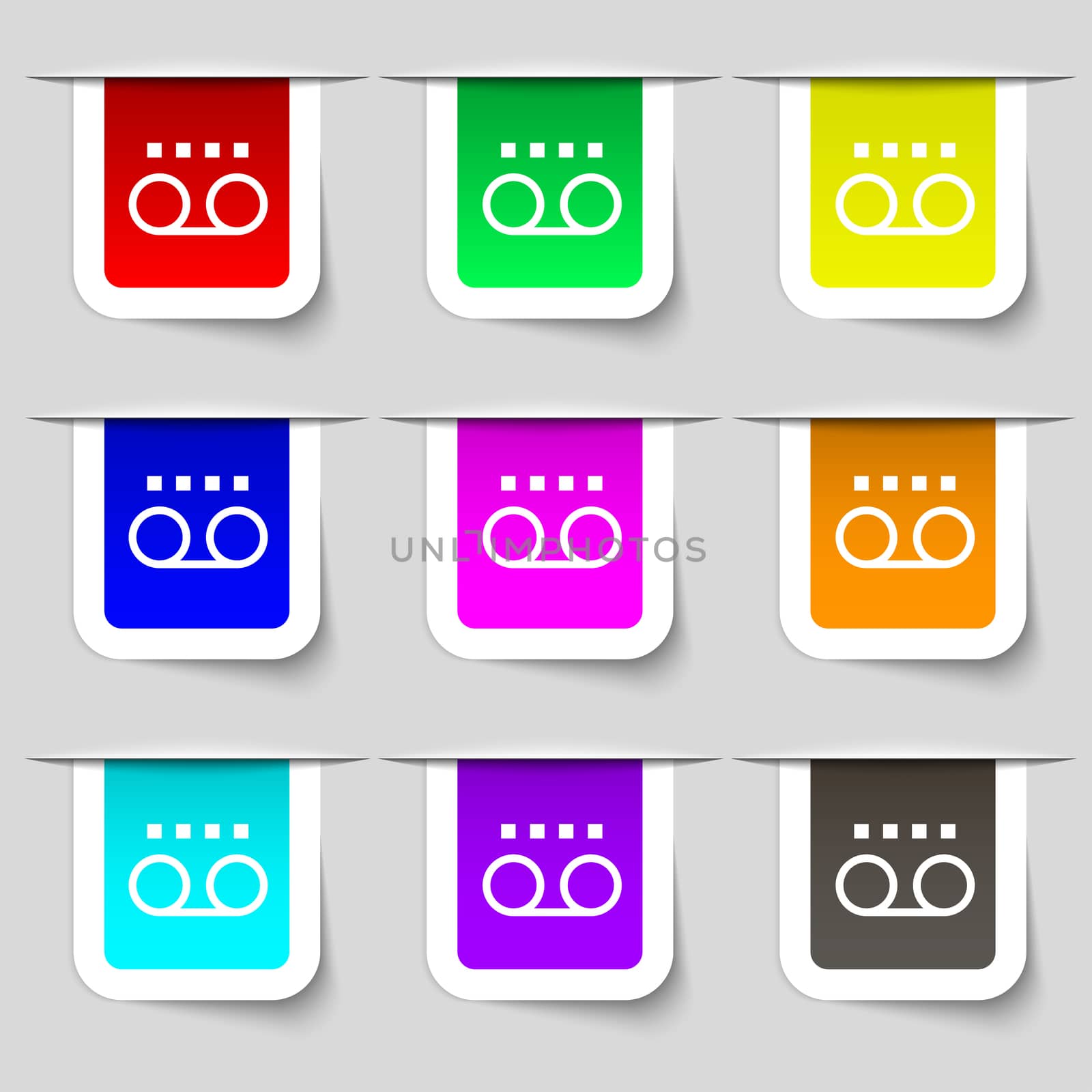 audio cassette icon sign. Set of multicolored modern labels for your design. illustration