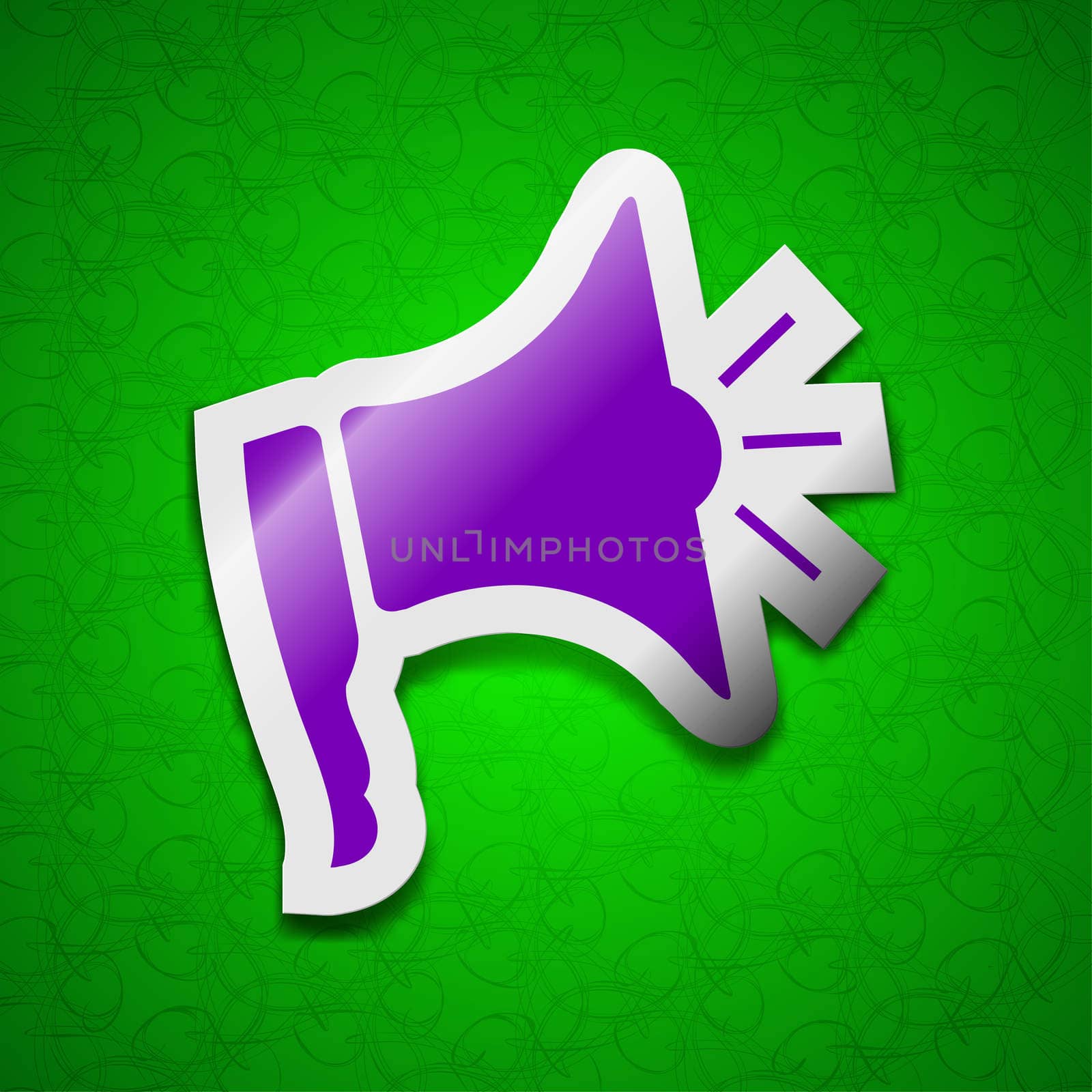 Megaphone icon sign. Symbol chic colored sticky label on green background. illustration